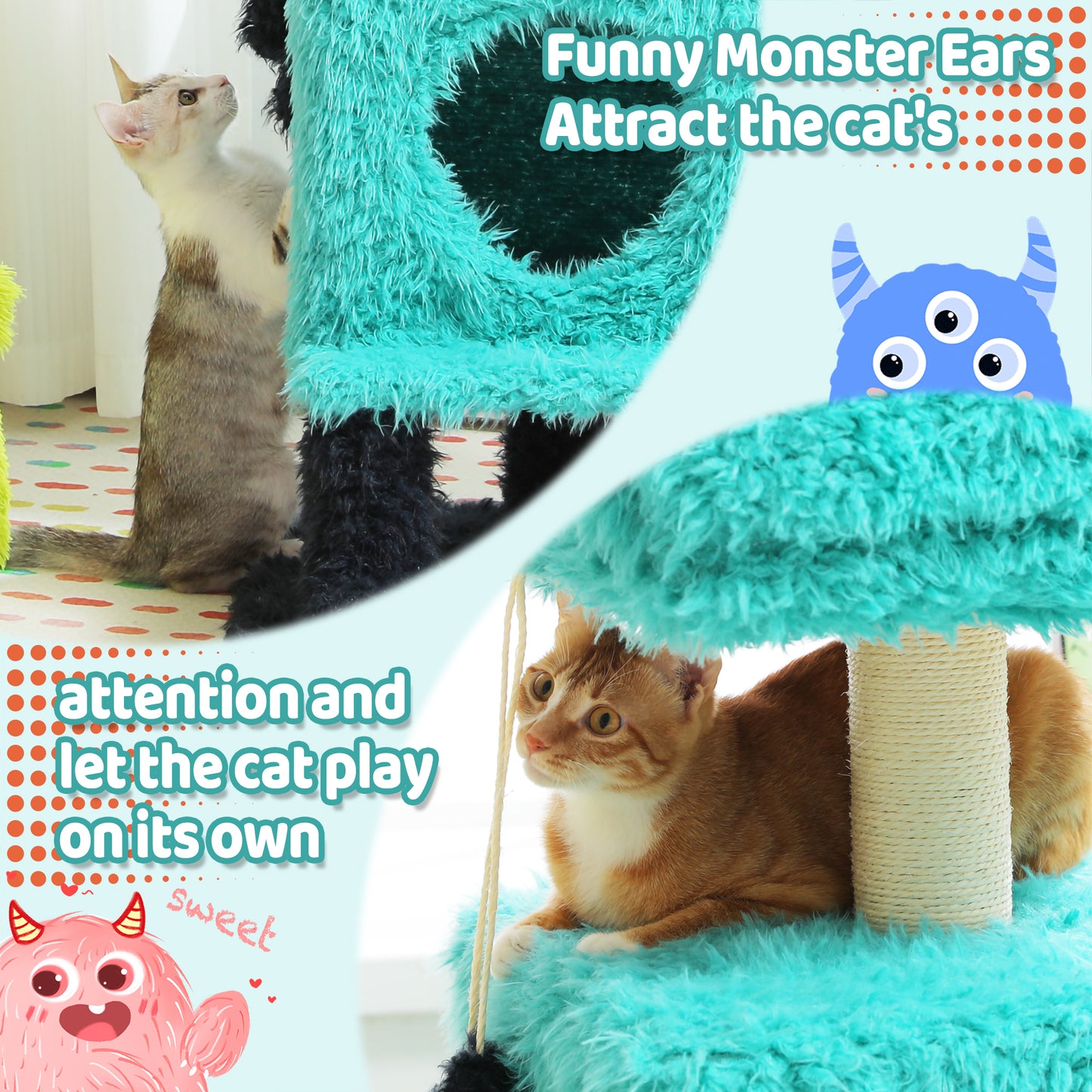 PAWZ Road Monster Cat House &amp; Scratching Post 2-in-1 | Blue | With removable sleeping cave | Double cave design | Heated bed