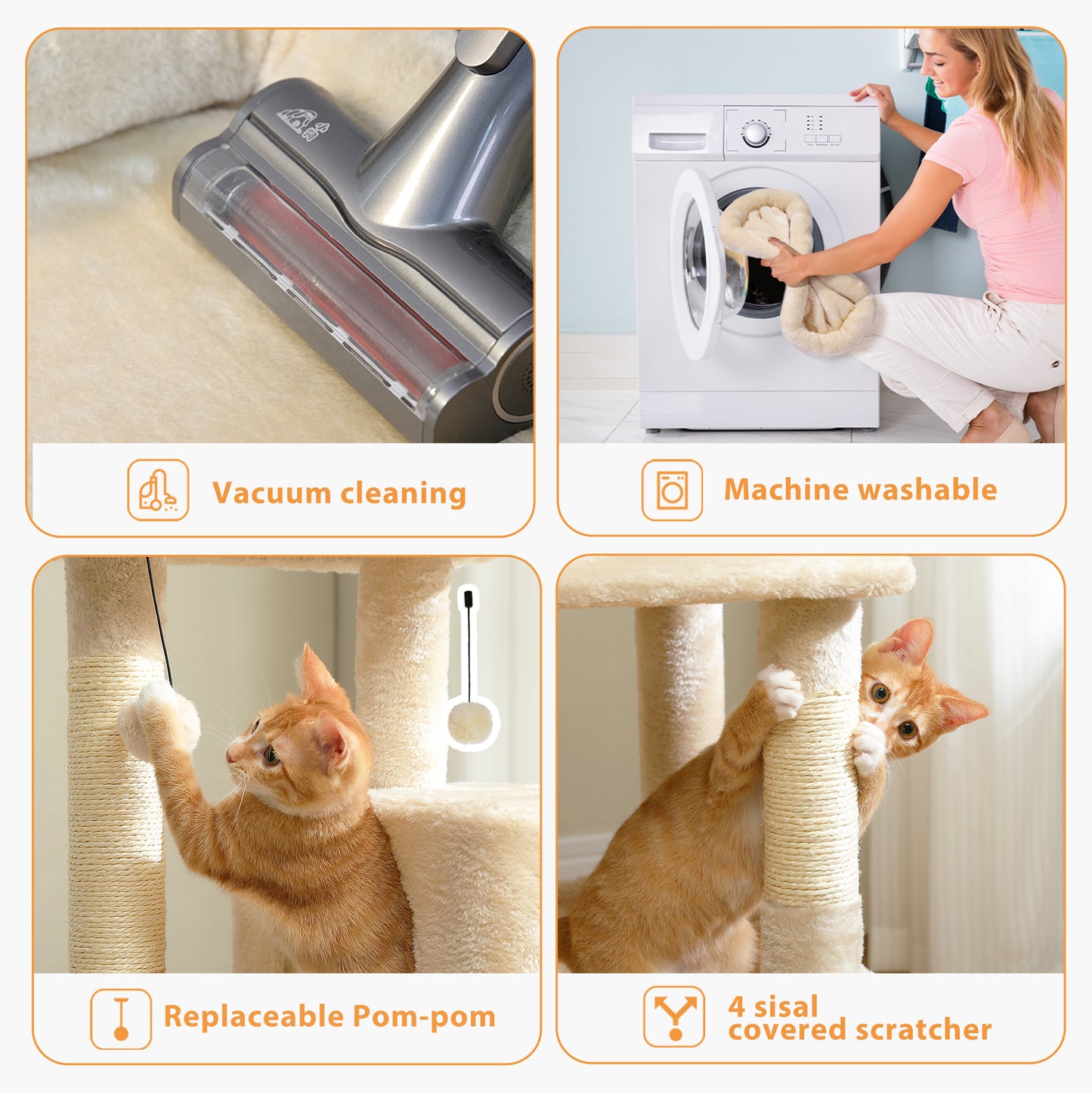 PAWZ Road 116 cm Katzenbaum mittelgroßer Kratzturm mit 4 Sisal-Kratzpfosten, Metallrahmen großer Hängematte und gemütlichem Schlafhaus, Aktivitätszentrum stabil und robust