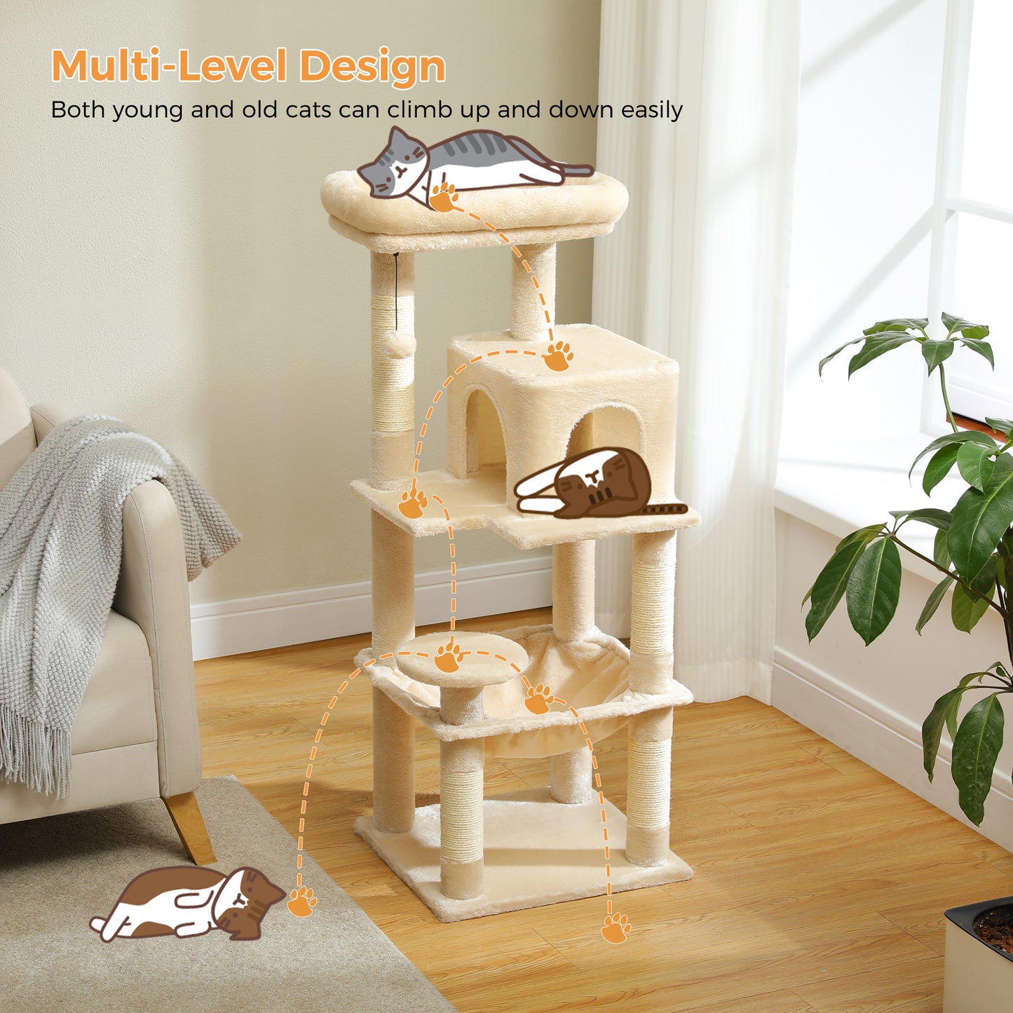 PAWZ Road 116 cm Katzenbaum mittelgroßer Kratzturm mit 4 Sisal-Kratzpfosten, Metallrahmen großer Hängematte und gemütlichem Schlafhaus, Aktivitätszentrum stabil und robust