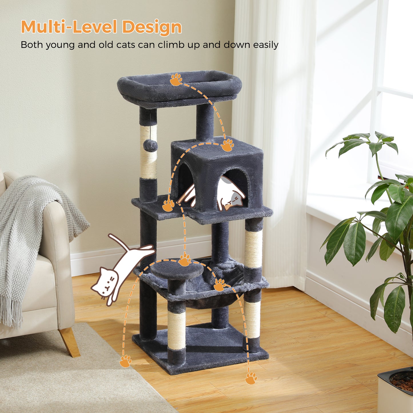 PAWZ Road 116 cm Katzenbaum mittelgroßer Kratzturm mit 4 Sisal-Kratzpfosten, Metallrahmen großer Hängematte und gemütlichem Schlafhaus, Aktivitätszentrum stabil und robust