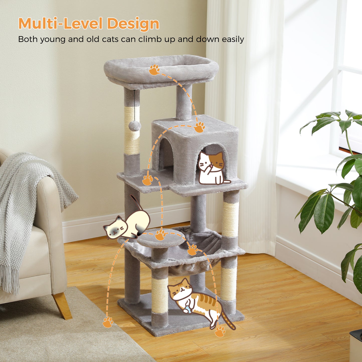 PAWZ Road 116 cm Katzenbaum mittelgroßer Kratzturm mit 4 Sisal-Kratzpfosten, Metallrahmen großer Hängematte und gemütlichem Schlafhaus, Aktivitätszentrum stabil und robust