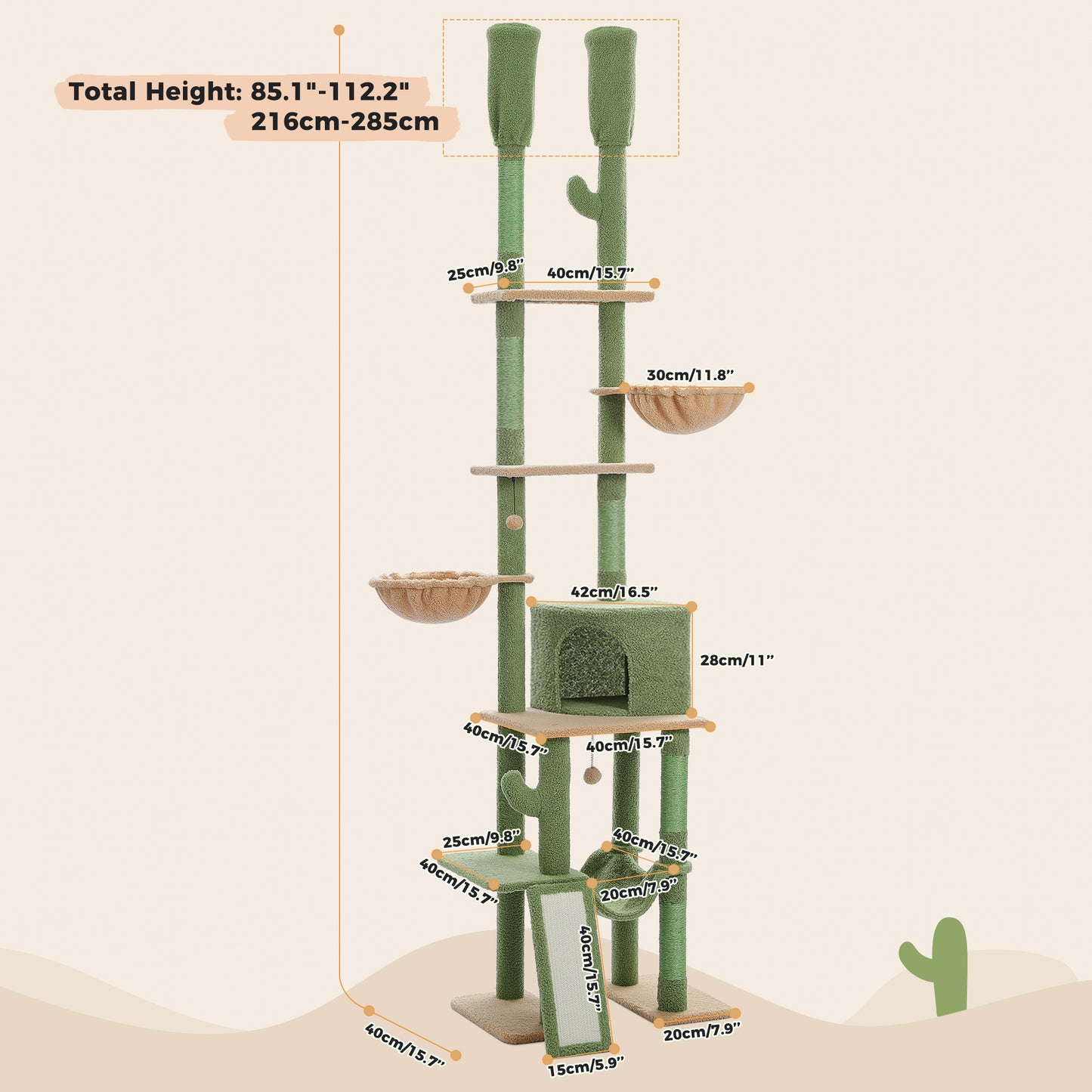 PAWZ Road 216-285cm Kaktus von Boden bis zur Decke Kratzbaum (Grün)