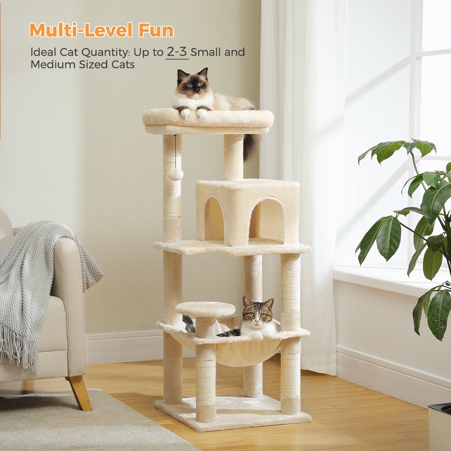 PAWZ Road 116 cm Katzenbaum mittelgroßer Kratzturm mit 4 Sisal-Kratzpfosten, Metallrahmen großer Hängematte und gemütlichem Schlafhaus, Aktivitätszentrum stabil und robust