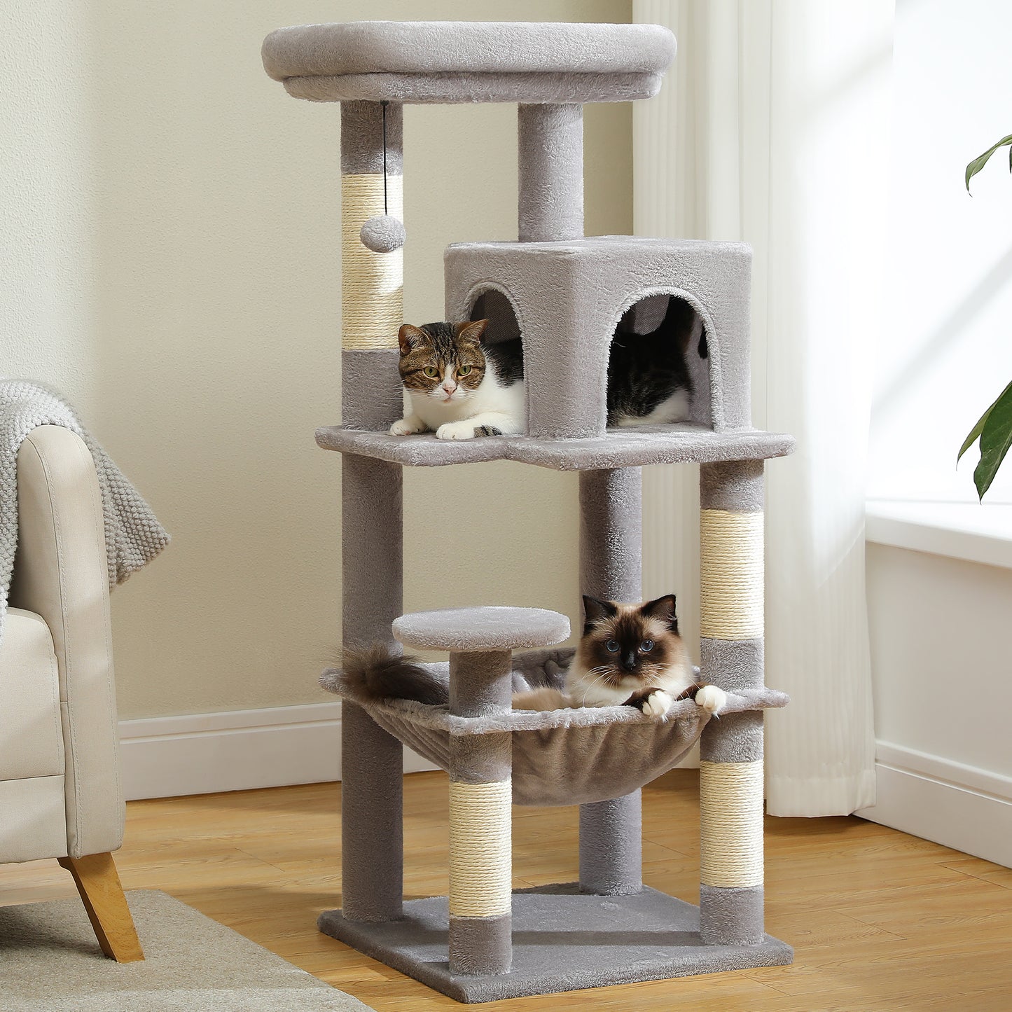 PAWZ Road 116 cm Katzenbaum mittelgroßer Kratzturm mit 4 Sisal-Kratzpfosten, Metallrahmen großer Hängematte und gemütlichem Schlafhaus, Aktivitätszentrum stabil und robust