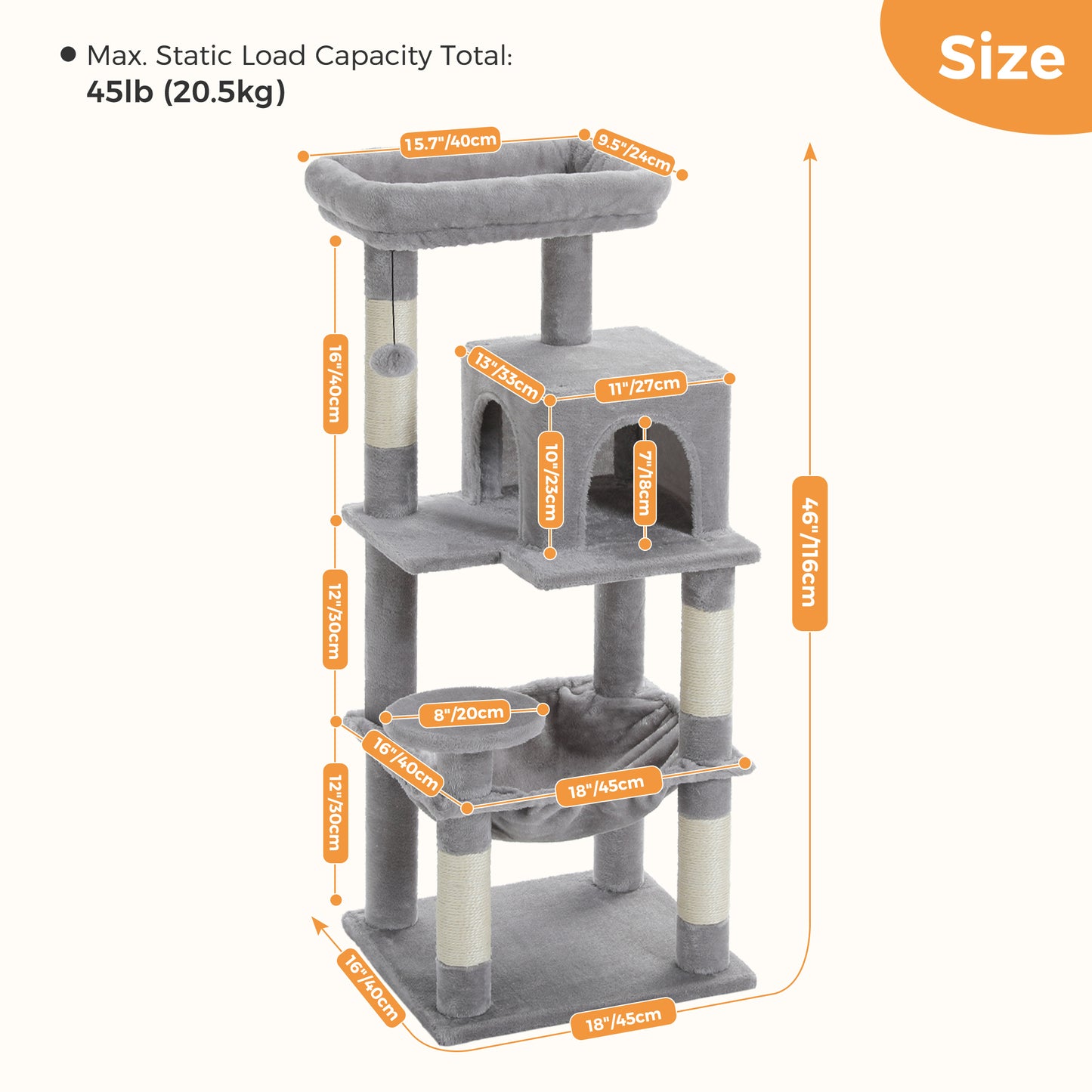 PAWZ Road 116 cm Katzenbaum mittelgroßer Kratzturm mit 4 Sisal-Kratzpfosten, Metallrahmen großer Hängematte und gemütlichem Schlafhaus, Aktivitätszentrum stabil und robust