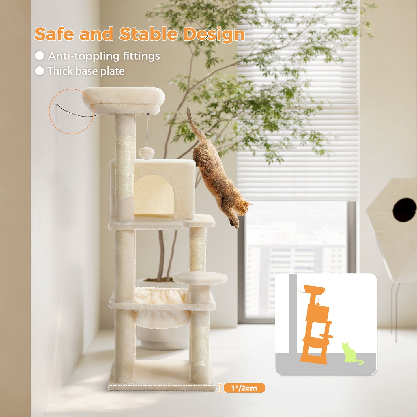 PAWZ Road 116 cm Katzenbaum mittelgroßer Kratzturm mit 4 Sisal-Kratzpfosten, Metallrahmen großer Hängematte und gemütlichem Schlafhaus, Aktivitätszentrum stabil und robust