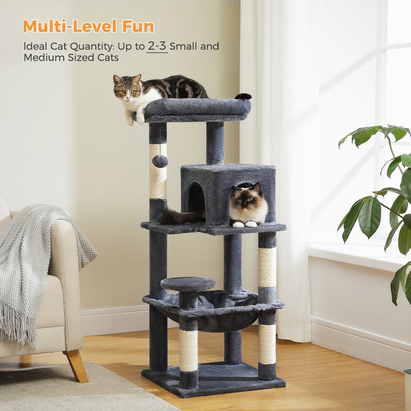 PAWZ Road 116 cm Katzenbaum mittelgroßer Kratzturm mit 4 Sisal-Kratzpfosten, Metallrahmen großer Hängematte und gemütlichem Schlafhaus, Aktivitätszentrum stabil und robust