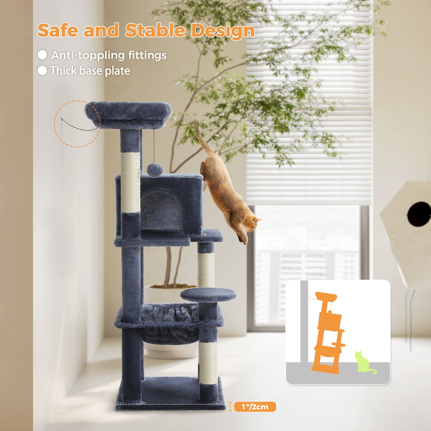 PAWZ Road 116 cm Katzenbaum mittelgroßer Kratzturm mit 4 Sisal-Kratzpfosten, Metallrahmen großer Hängematte und gemütlichem Schlafhaus, Aktivitätszentrum stabil und robust