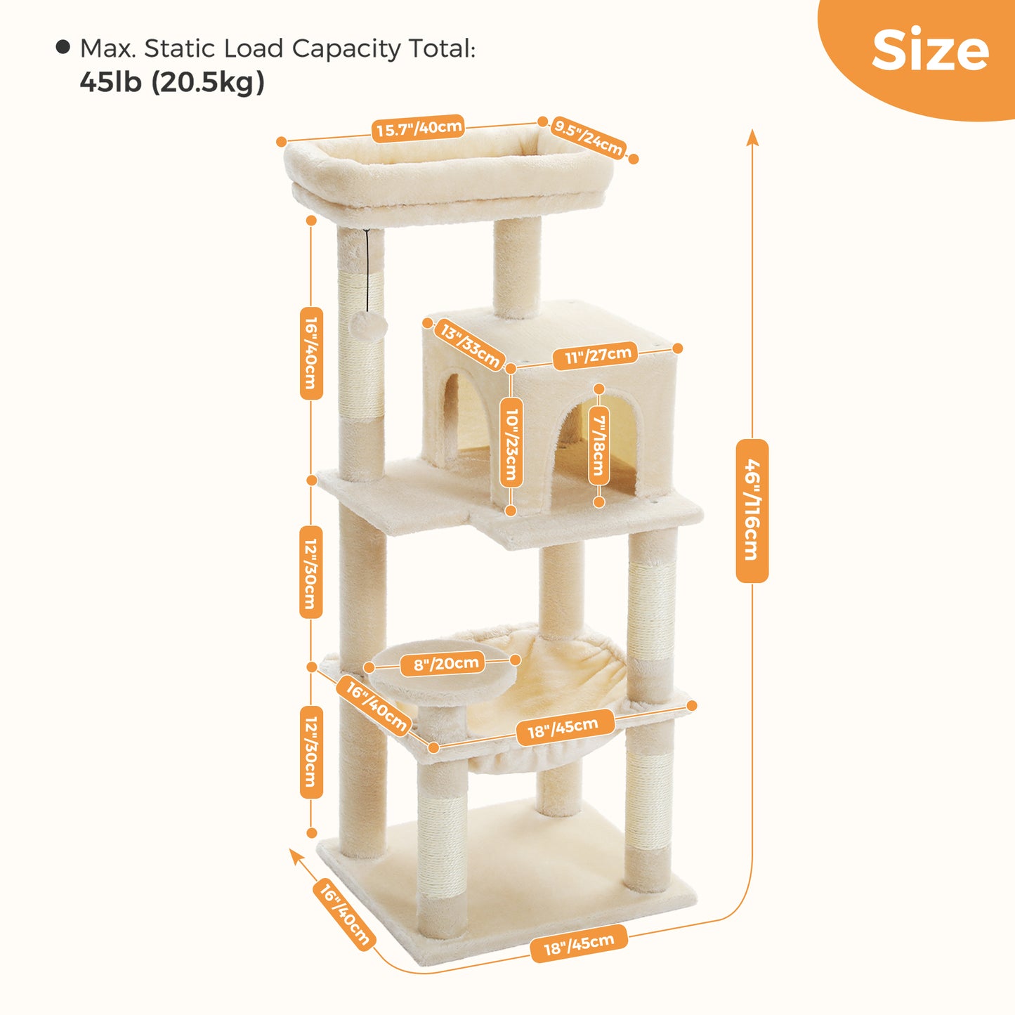 PAWZ Road 116 cm Katzenbaum mittelgroßer Kratzturm mit 4 Sisal-Kratzpfosten, Metallrahmen großer Hängematte und gemütlichem Schlafhaus, Aktivitätszentrum stabil und robust