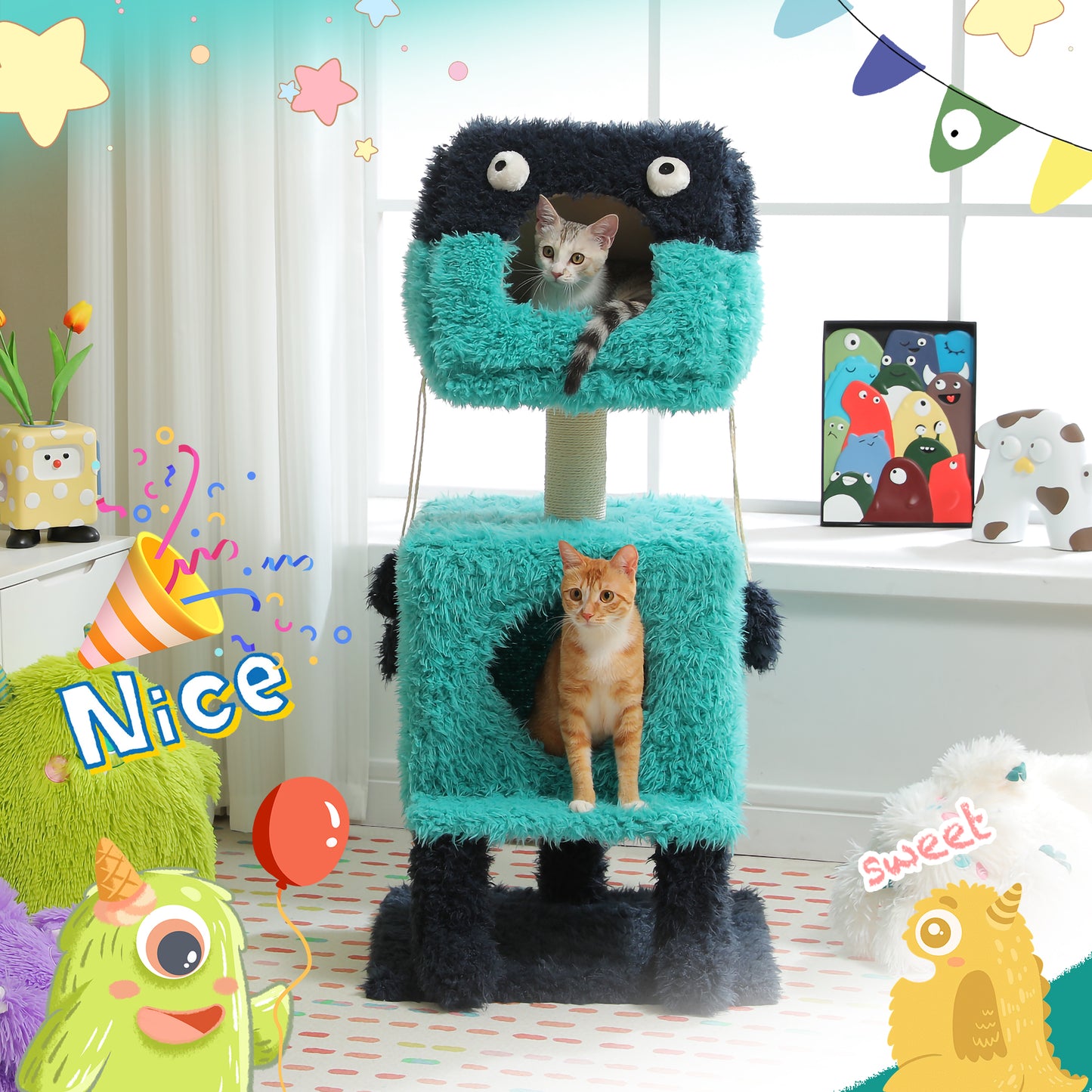 PAWZ Road Monster Cat House &amp; Scratching Post 2-in-1 | Blue | With removable sleeping cave | Double cave design | Heated bed