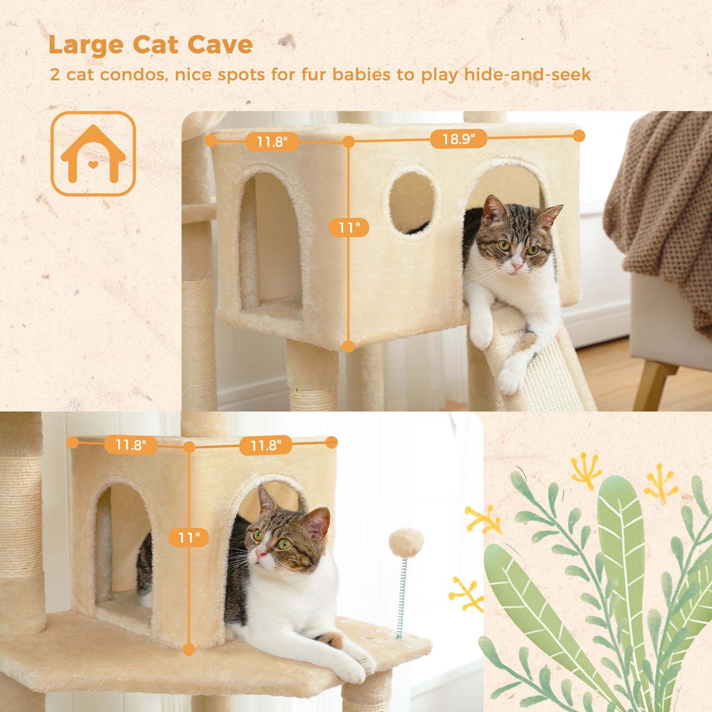 PAWZ Road XXL-Árbol rascador 162cm | Columnas rascadoras envueltas en sisal | Con gran hamaca + 2 plataformas superiores | Incl. pelotas de juego intercambiables | Para razas de gatos grandes