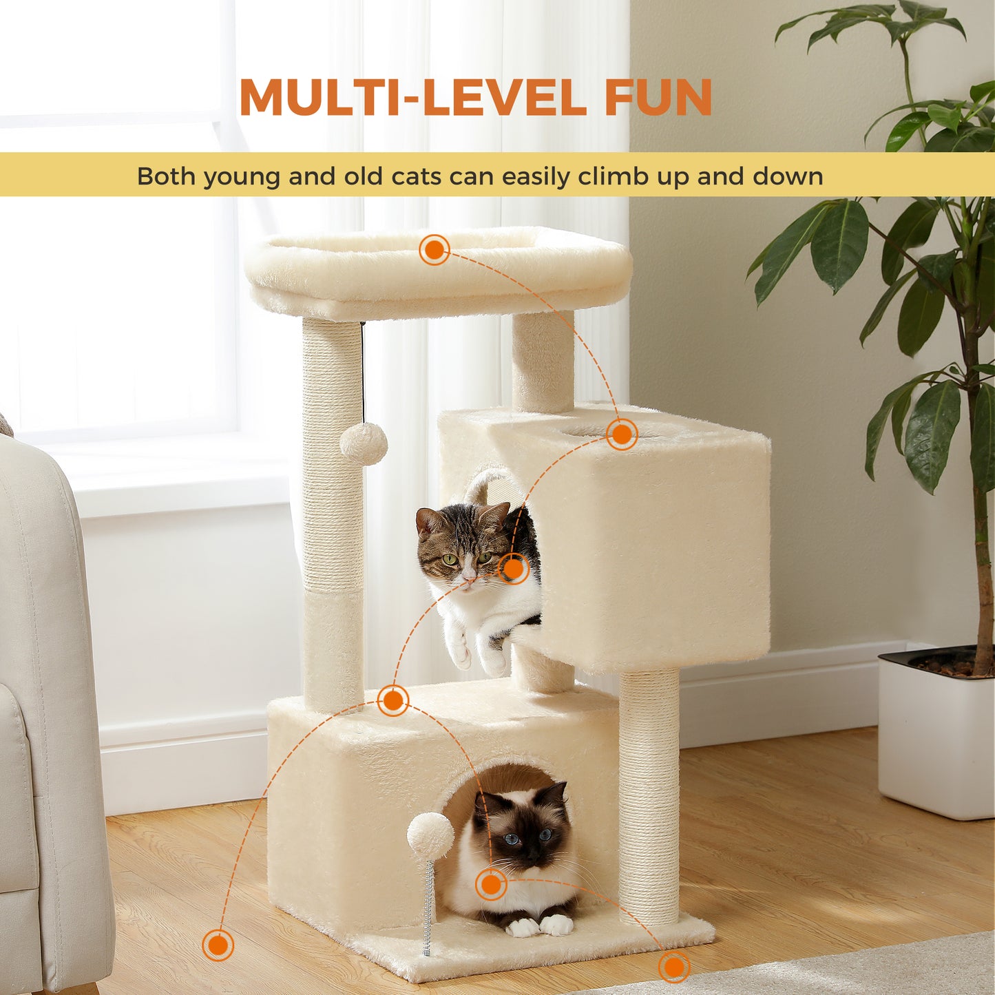 PAWZ Road Árbol para gatos domésticos de 80 cm – con 2 casas para dormir | columnas de rascado de sisal de varios niveles | superficie de descanso acolchada | incluye 2 juguetes