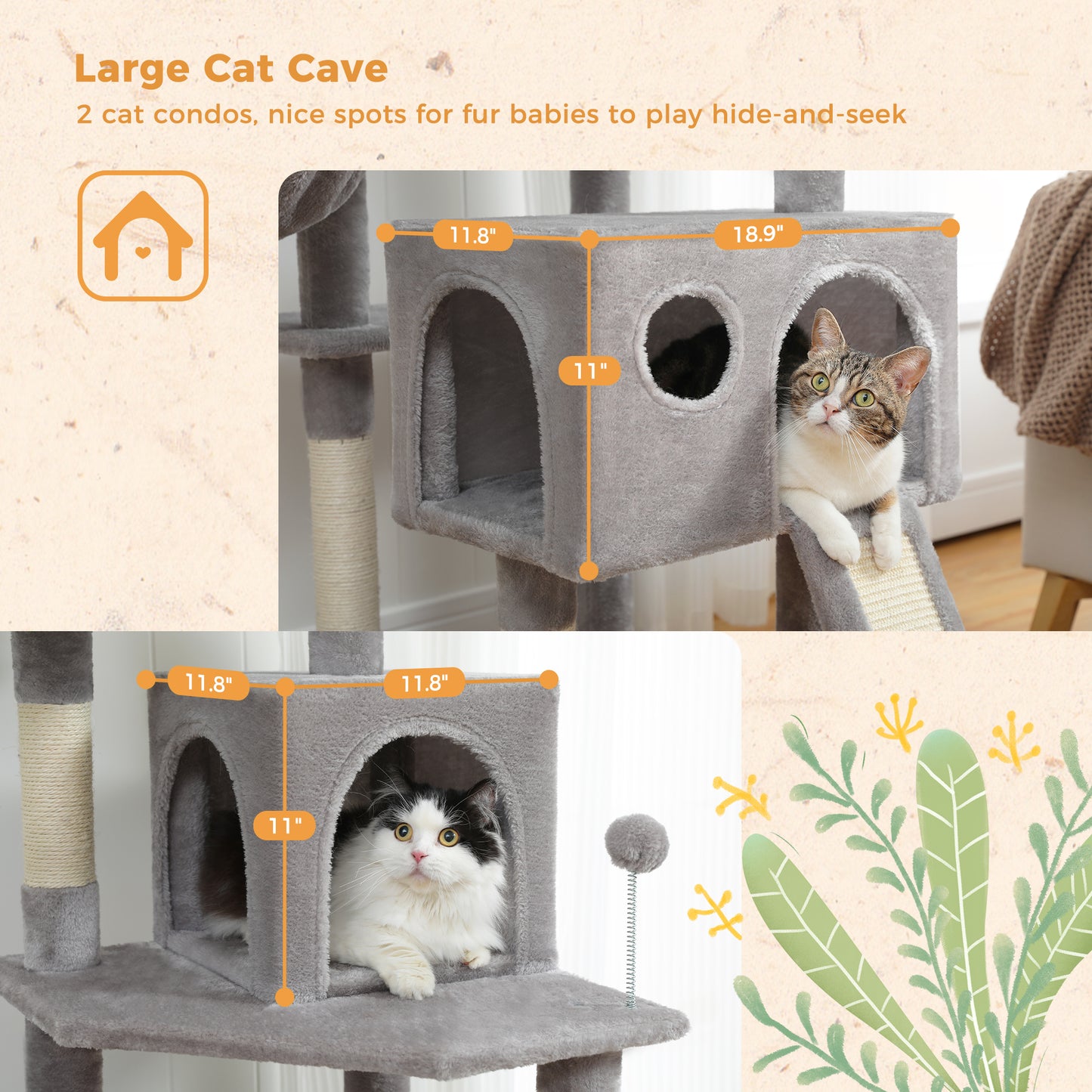 PAWZ Road XXL-Árbol rascador 162cm | Columnas rascadoras envueltas en sisal | Con gran hamaca + 2 plataformas superiores | Incl. pelotas de juego intercambiables | Para razas de gatos grandes
