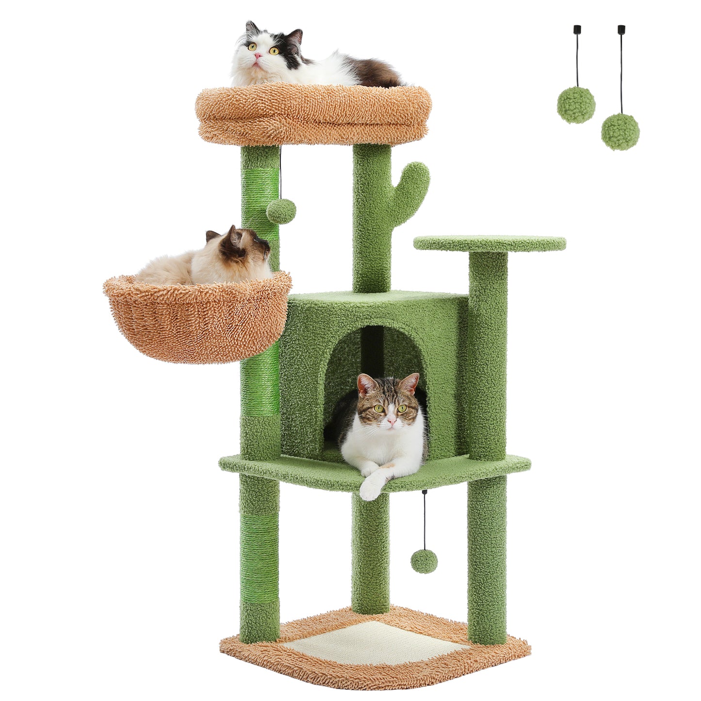 PAWZ Road Kratzbaum | mit Sisal-Kratzpfosten | Kratzbrett | große kuschelige Katzenhöhle | Korb und Plattform | Höhe 106 cm | Kaktus-Design