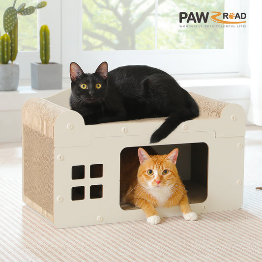 PAWZ Road Casa para Gatos con Tapa Desmontable y Rascador | Construcción de Cartón Ondulado de Alta Densidad de Doble Capa | Casa para Gatos 2 en 1 + Función de Rascado | Ventilada y Lavable