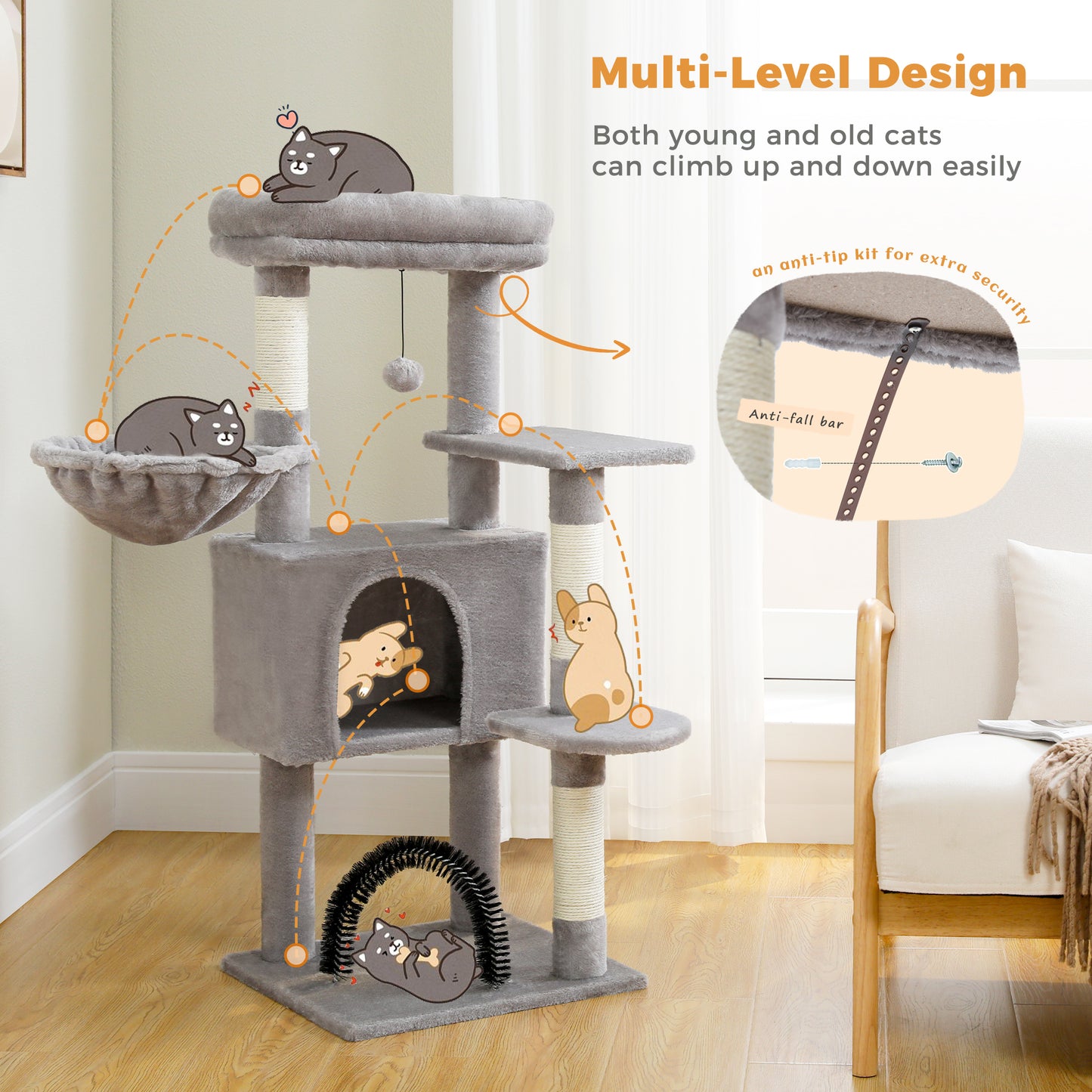 PAWZ Road 106 cm Arbre à chats avec maison de repos et perche à gratter en sisal
