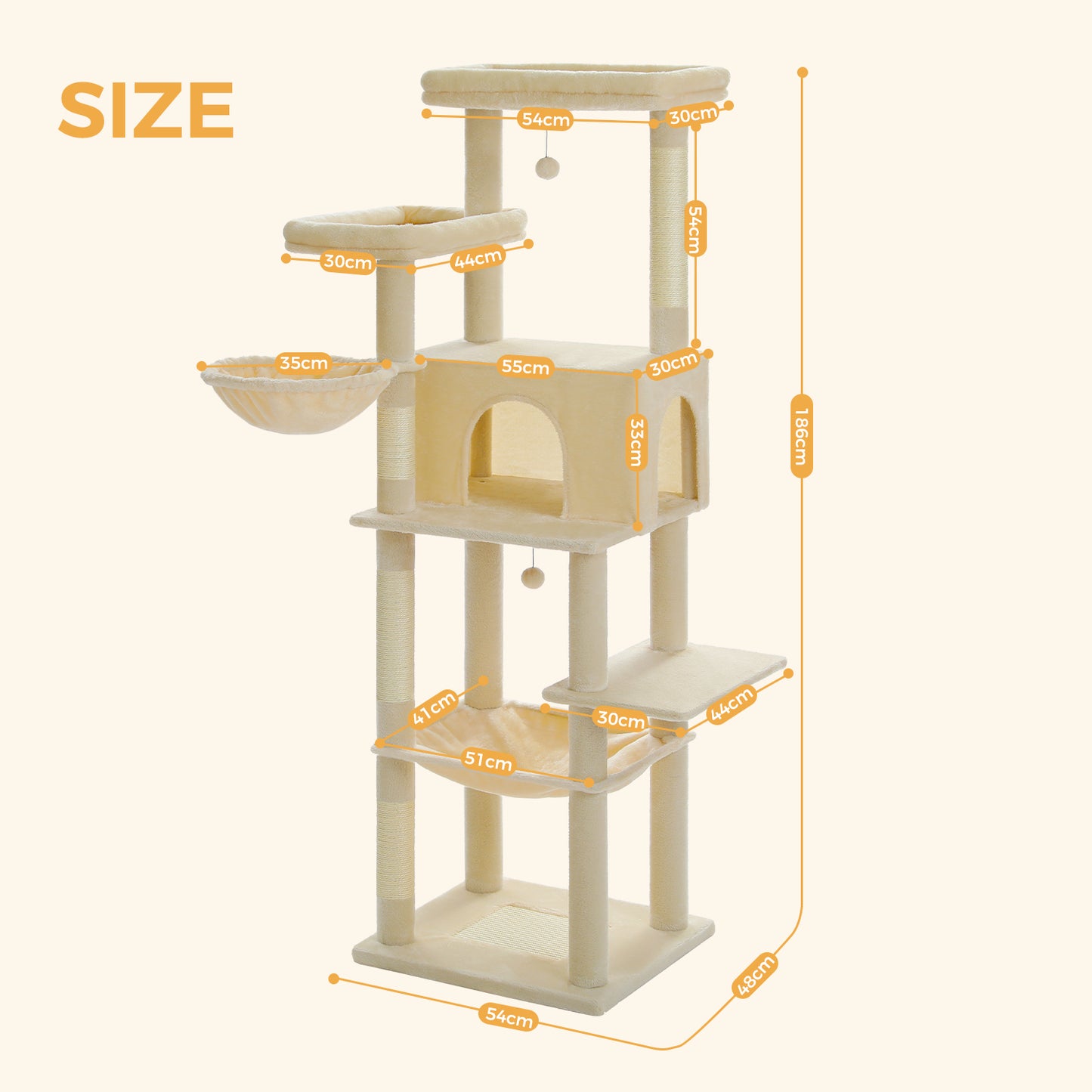 PAWZ Road Katzenturm | 73 Zoll | 1 Stange | 2 Hängematten | 8 Kratzbäume | XL Wohnung