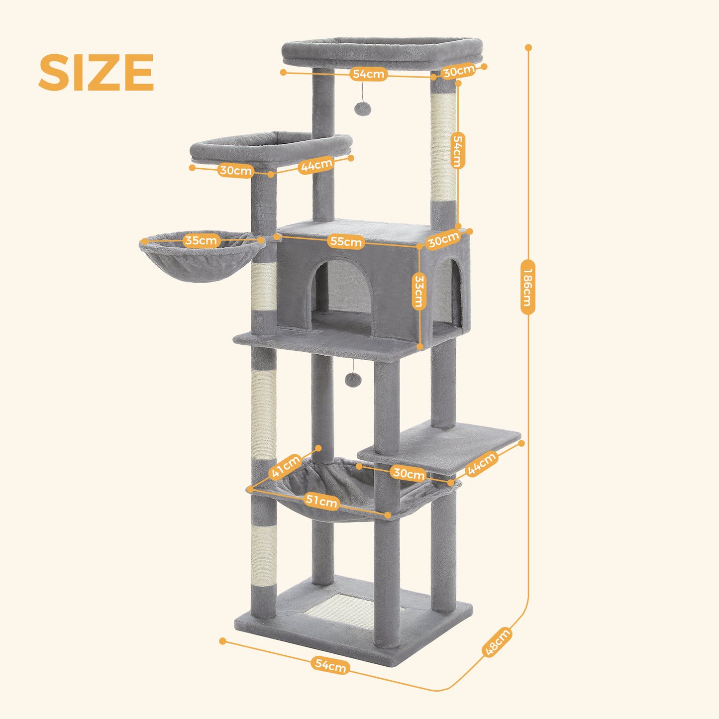 PAWZ Road Katzenturm | 73 Zoll | 1 Stange | 2 Hängematten | 8 Kratzbäume | XL Wohnung