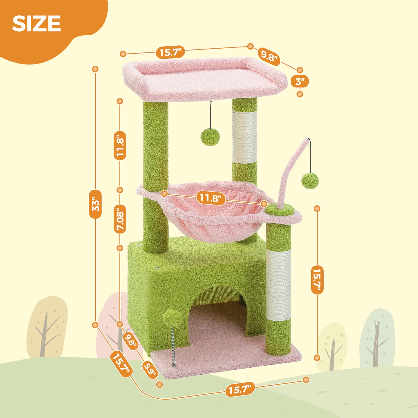 PEQULTI 4-in-1 Cactus Cat Tree | 84 cm Cat Tower | with XXL Sleeping House | Sisal Posts | Deep Hammock | Observation Deck