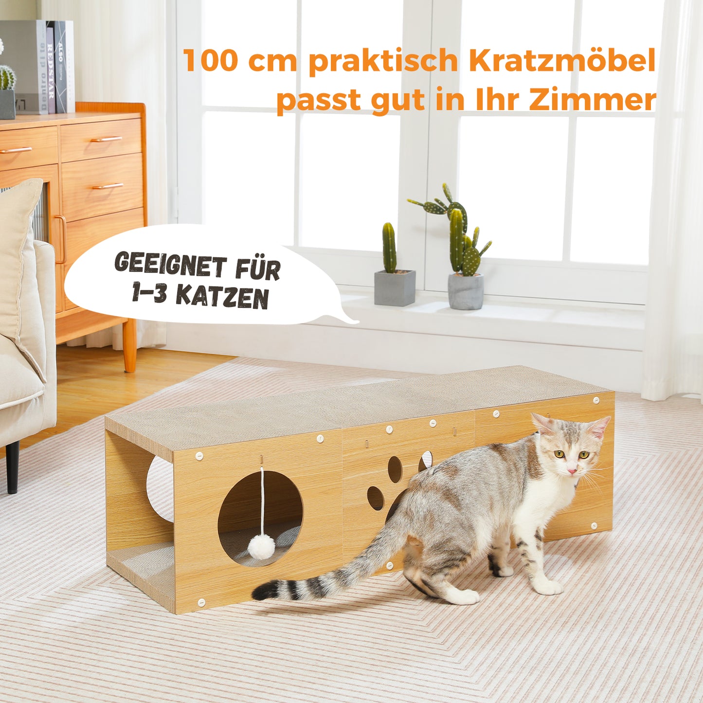 Kaufen 1, erhalten 1 gratis! Premium Kratzbaum mit Hängespielzeug – 100 cm XL | Kletterbereich | robuste Wellpappe-Kratzfläche für 1–3 Katzen | nur 3 kg leicht