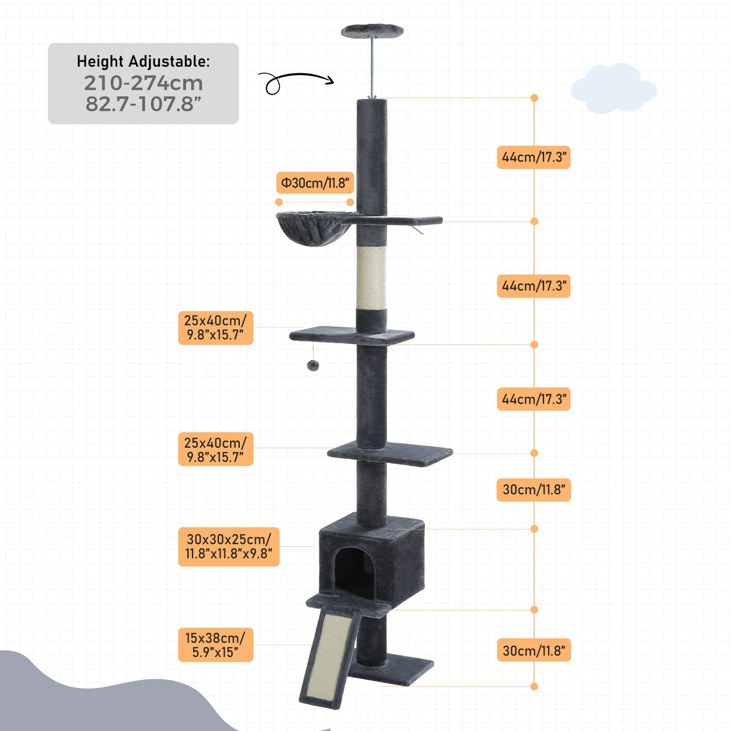 PAWZ Road Kaktus-Katzenbaum | 216-273 cm höhenverstellbar | Decken-zu-Boden-Kratzturm | mit Hängematte & Schlafhaus | Anti-Fall-Gurt