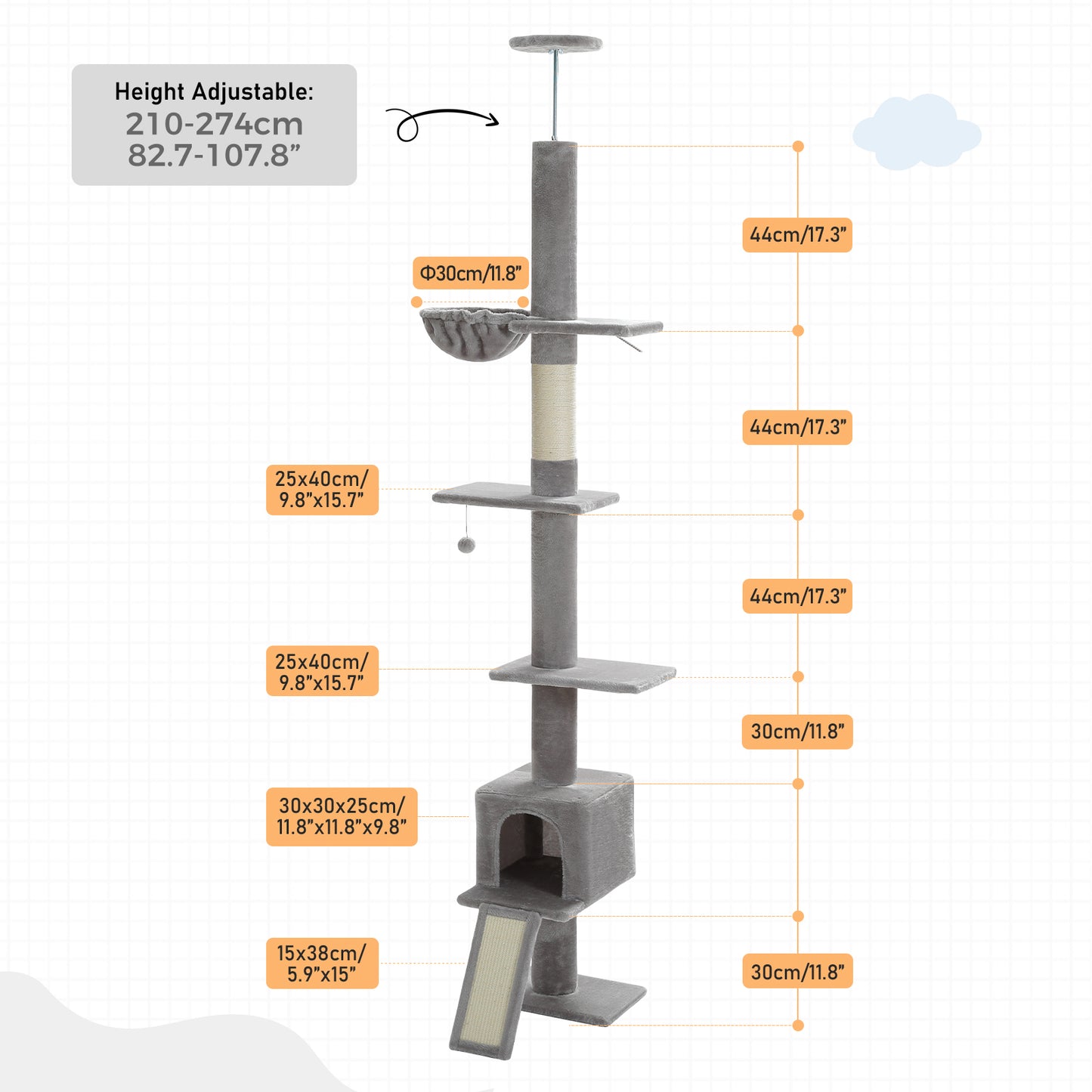 PAWZ Road Kaktus-Katzenbaum | 216-273 cm höhenverstellbar | Decken-zu-Boden-Kratzturm | mit Hängematte & Schlafhaus | Anti-Fall-Gurt