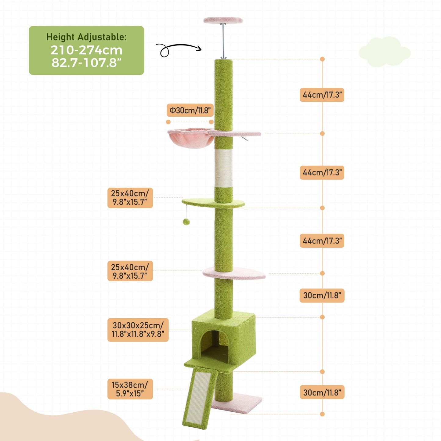 PAWZ Road Kaktus-Katzenbaum | 216-273 cm höhenverstellbar | Decken-zu-Boden-Kratzturm | mit Hängematte & Schlafhaus | Anti-Fall-Gurt