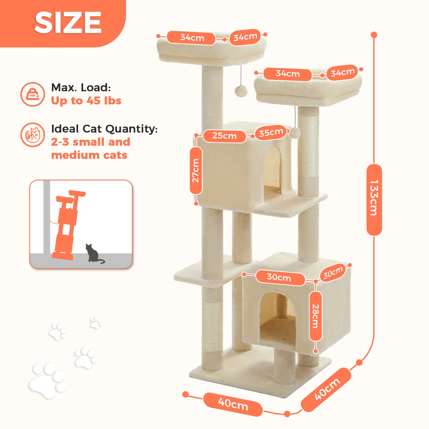 PAWZ Road Kratzbaum, 133 cm mehrstufiger Katzenbaum für Wohnungskatzen, plüschiges Katzenhaus mit 2 gepolsterten Liegeflächen, 2 Schlafhäusern & 2 Kratzpfeilern