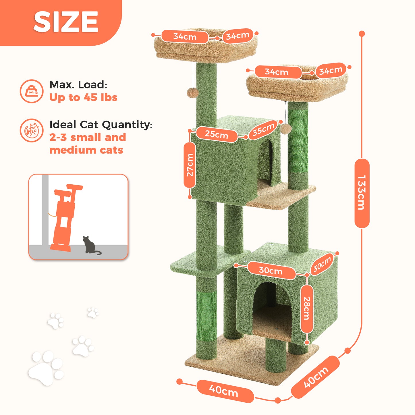 PAWZ Road Kratzbaum, 133 cm mehrstufiger Katzenbaum für Wohnungskatzen, plüschiges Katzenhaus mit 2 gepolsterten Liegeflächen, 2 Schlafhäusern & 2 Kratzpfeilern