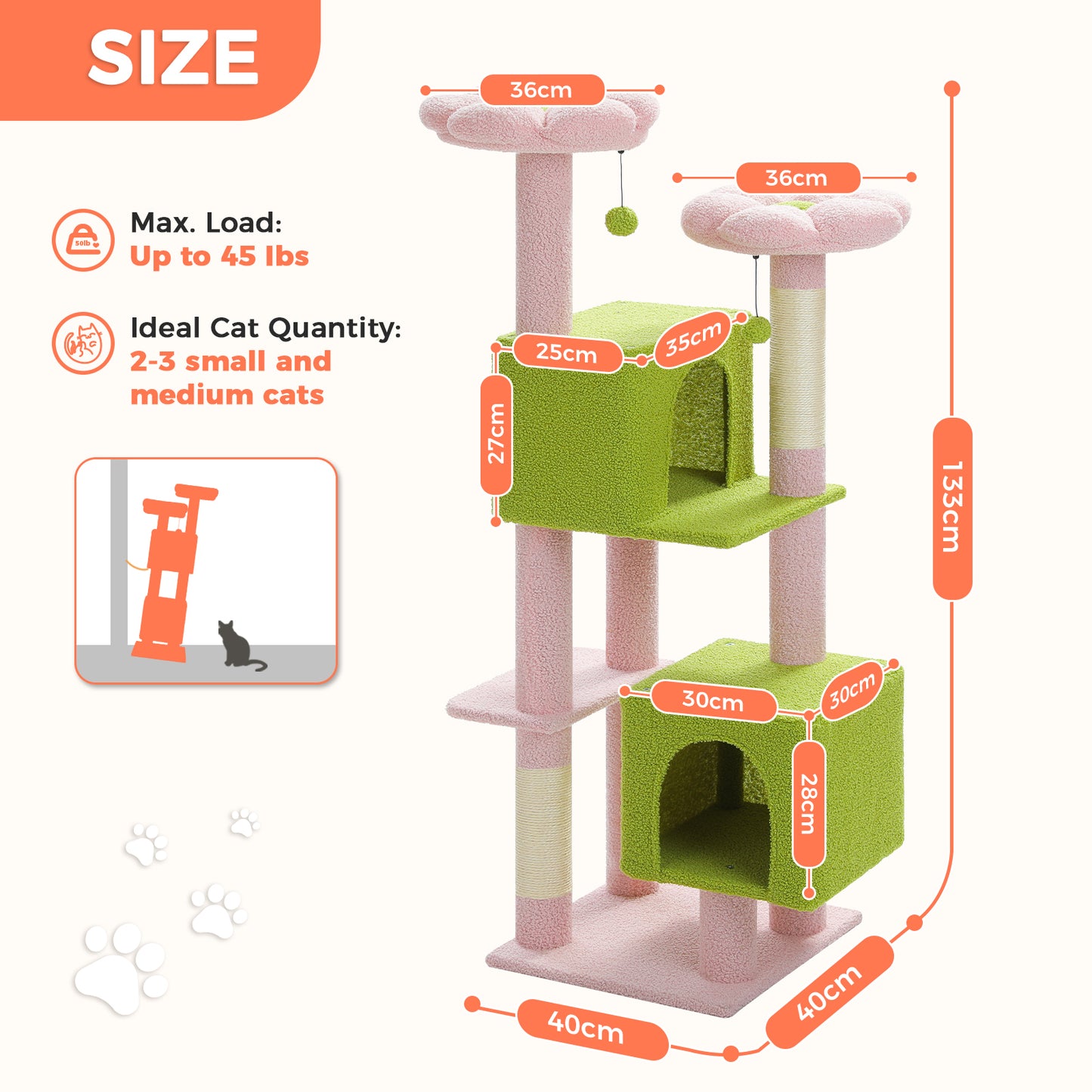 PAWZ Road Kratzbaum, 133 cm mehrstufiger Katzenbaum für Wohnungskatzen, plüschiges Katzenhaus mit 2 gepolsterten Liegeflächen, 2 Schlafhäusern & 2 Kratzpfeilern