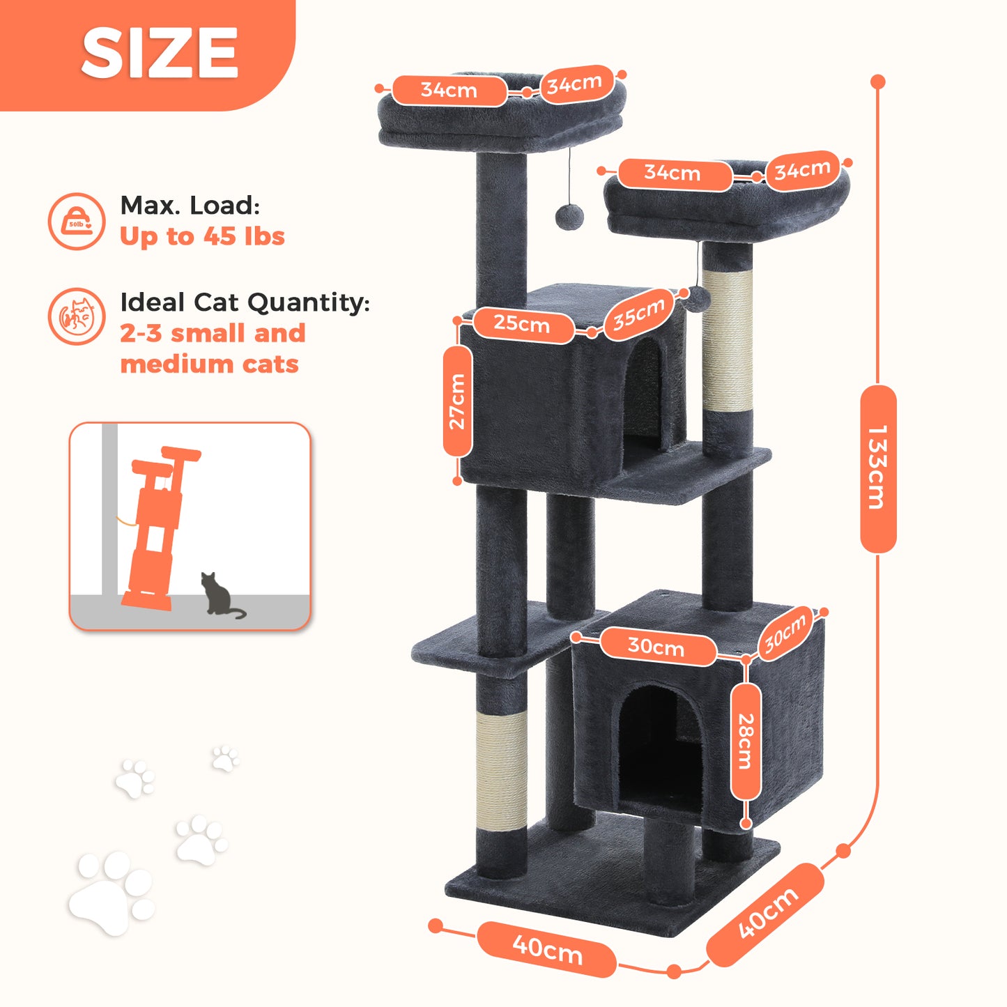PAWZ Road Kratzbaum, 133 cm mehrstufiger Katzenbaum für Wohnungskatzen, plüschiges Katzenhaus mit 2 gepolsterten Liegeflächen, 2 Schlafhäusern & 2 Kratzpfeilern