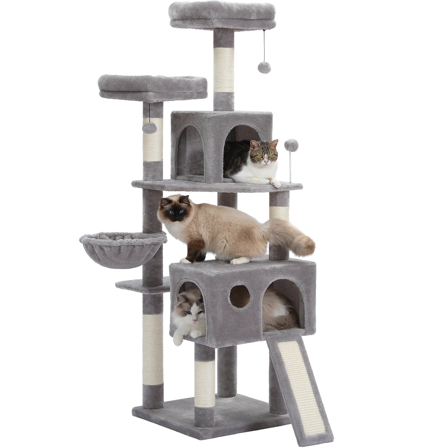 PAWZ Road XXL-Árbol rascador 162cm | Columnas rascadoras envueltas en sisal | Con gran hamaca + 2 plataformas superiores | Incl. pelotas de juego intercambiables | Para razas de gatos grandes