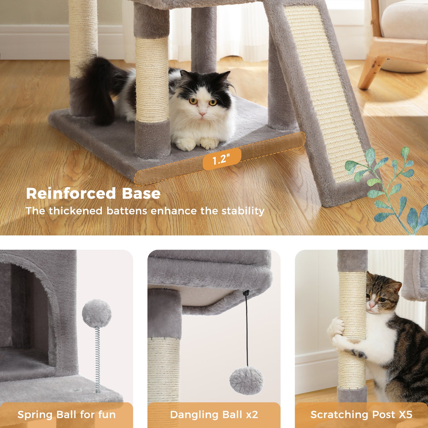 PAWZ Road XXL-Árbol rascador 162cm | Columnas rascadoras envueltas en sisal | Con gran hamaca + 2 plataformas superiores | Incl. pelotas de juego intercambiables | Para razas de gatos grandes