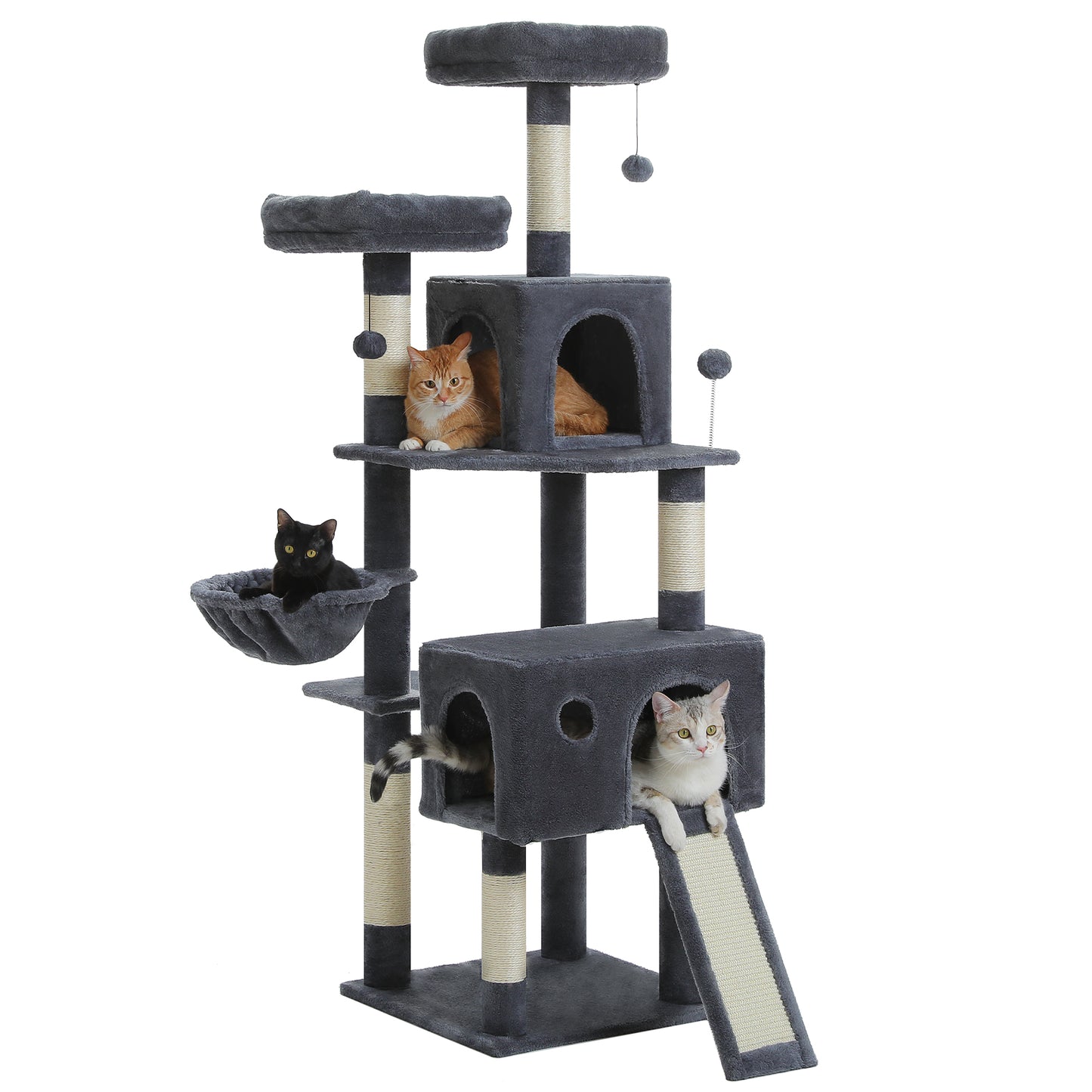 PAWZ Road XXL-Árbol rascador 162cm | Columnas rascadoras envueltas en sisal | Con gran hamaca + 2 plataformas superiores | Incl. pelotas de juego intercambiables | Para razas de gatos grandes