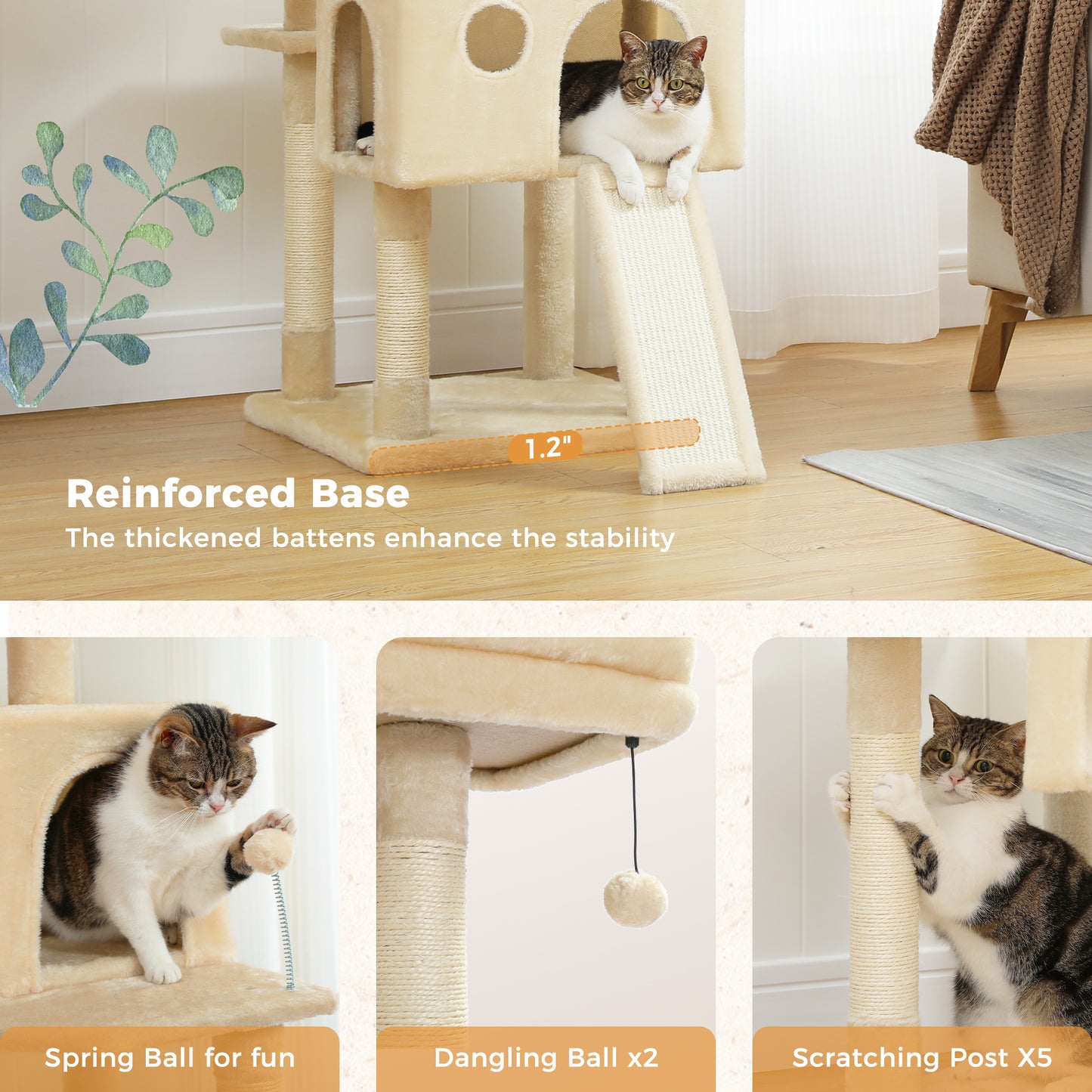 PAWZ Road XXL-Árbol rascador 162cm | Columnas rascadoras envueltas en sisal | Con gran hamaca + 2 plataformas superiores | Incl. pelotas de juego intercambiables | Para razas de gatos grandes