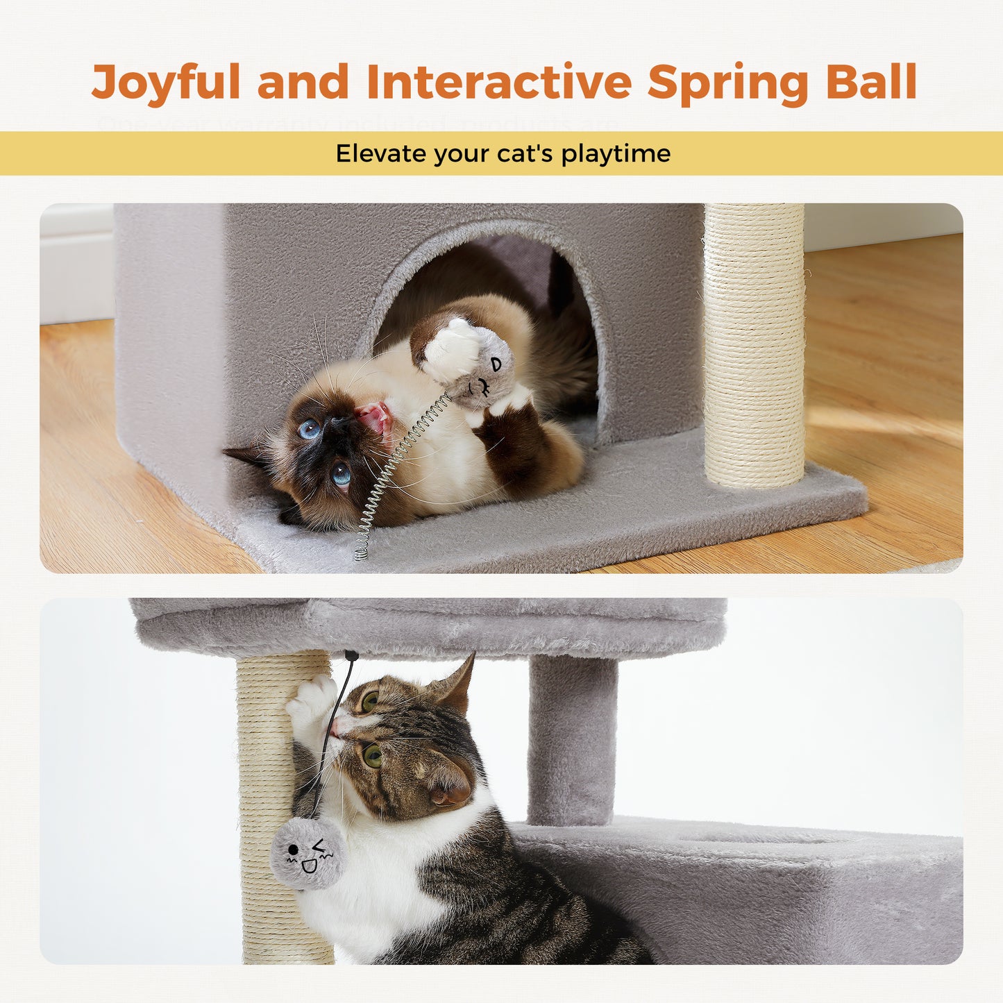 PAWZ Road Árbol para gatos domésticos de 80 cm – con 2 casas para dormir | columnas de rascado de sisal de varios niveles | superficie de descanso acolchada | incluye 2 juguetes