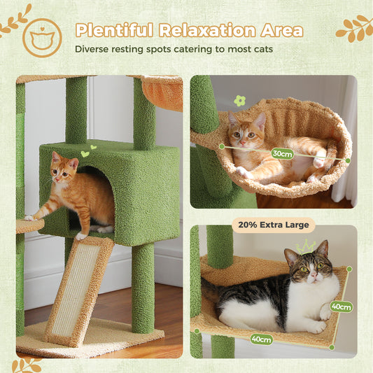 PAWZ Road 135 cm Katzenbaum für Wohnungskatzen | Großes Katzenhaus | Sisal-Kratzpfosten | Hängematte & Aussichtsplattform | Modernes Kaktus-Design