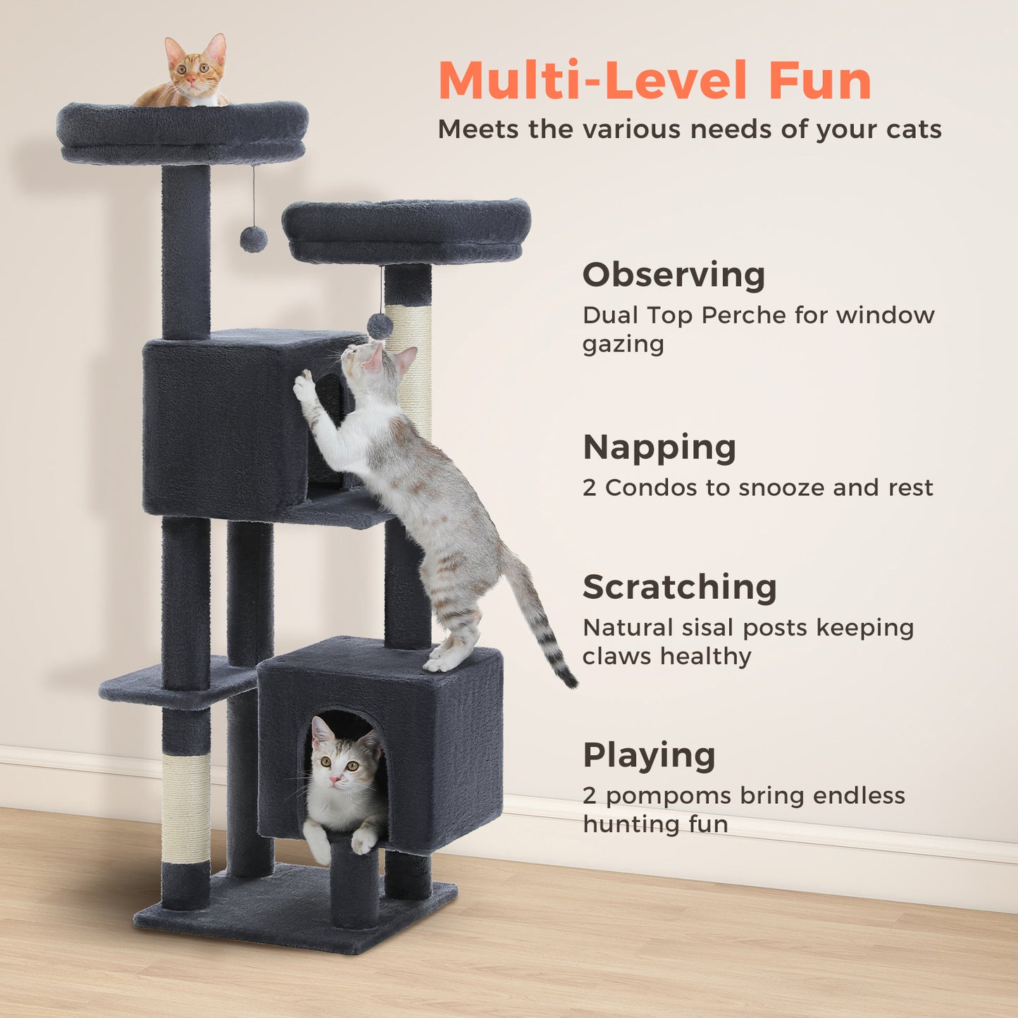 PAWZ Road Kratzbaum, 133 cm mehrstufiger Katzenbaum für Wohnungskatzen, plüschiges Katzenhaus mit 2 gepolsterten Liegeflächen, 2 Schlafhäusern & 2 Kratzpfeilern
