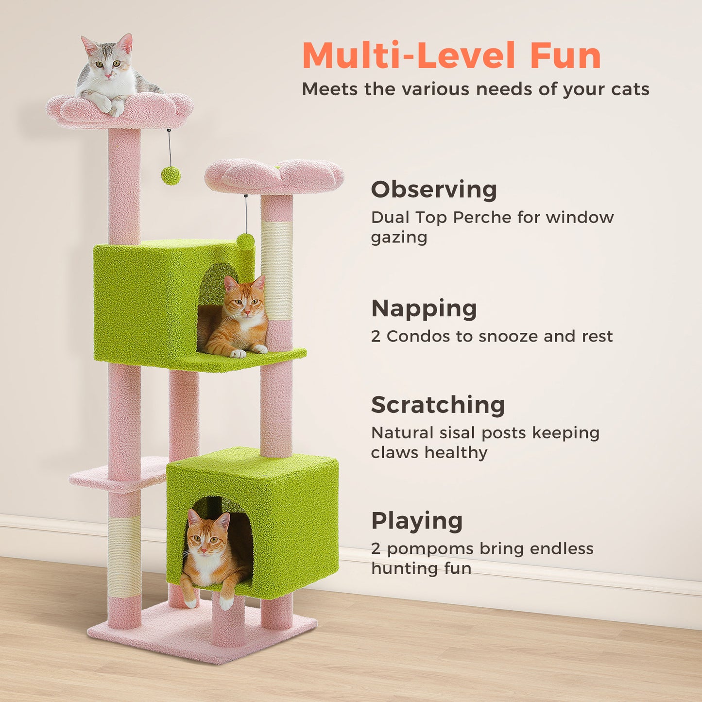 PAWZ Road Kratzbaum, 133 cm mehrstufiger Katzenbaum für Wohnungskatzen, plüschiges Katzenhaus mit 2 gepolsterten Liegeflächen, 2 Schlafhäusern & 2 Kratzpfeilern