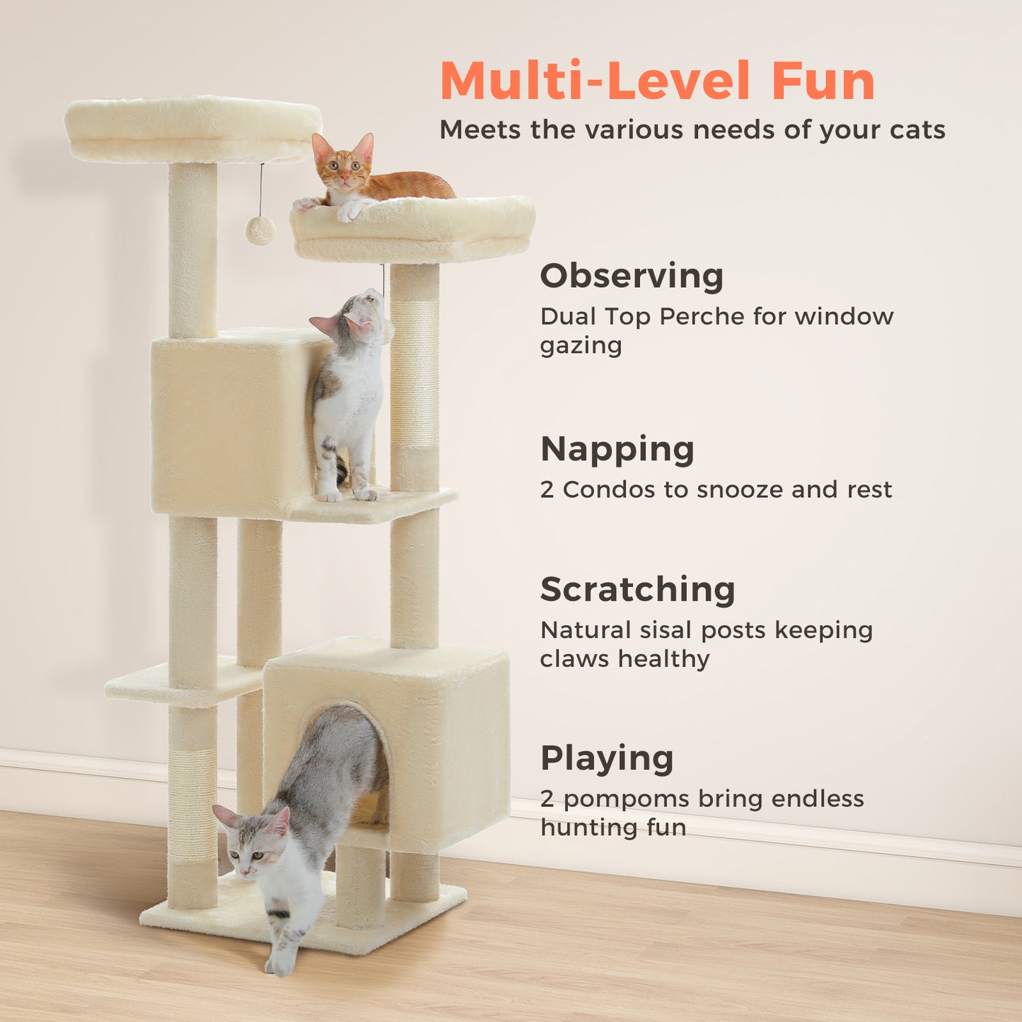PAWZ Road Kratzbaum, 133 cm mehrstufiger Katzenbaum für Wohnungskatzen, plüschiges Katzenhaus mit 2 gepolsterten Liegeflächen, 2 Schlafhäusern & 2 Kratzpfeilern