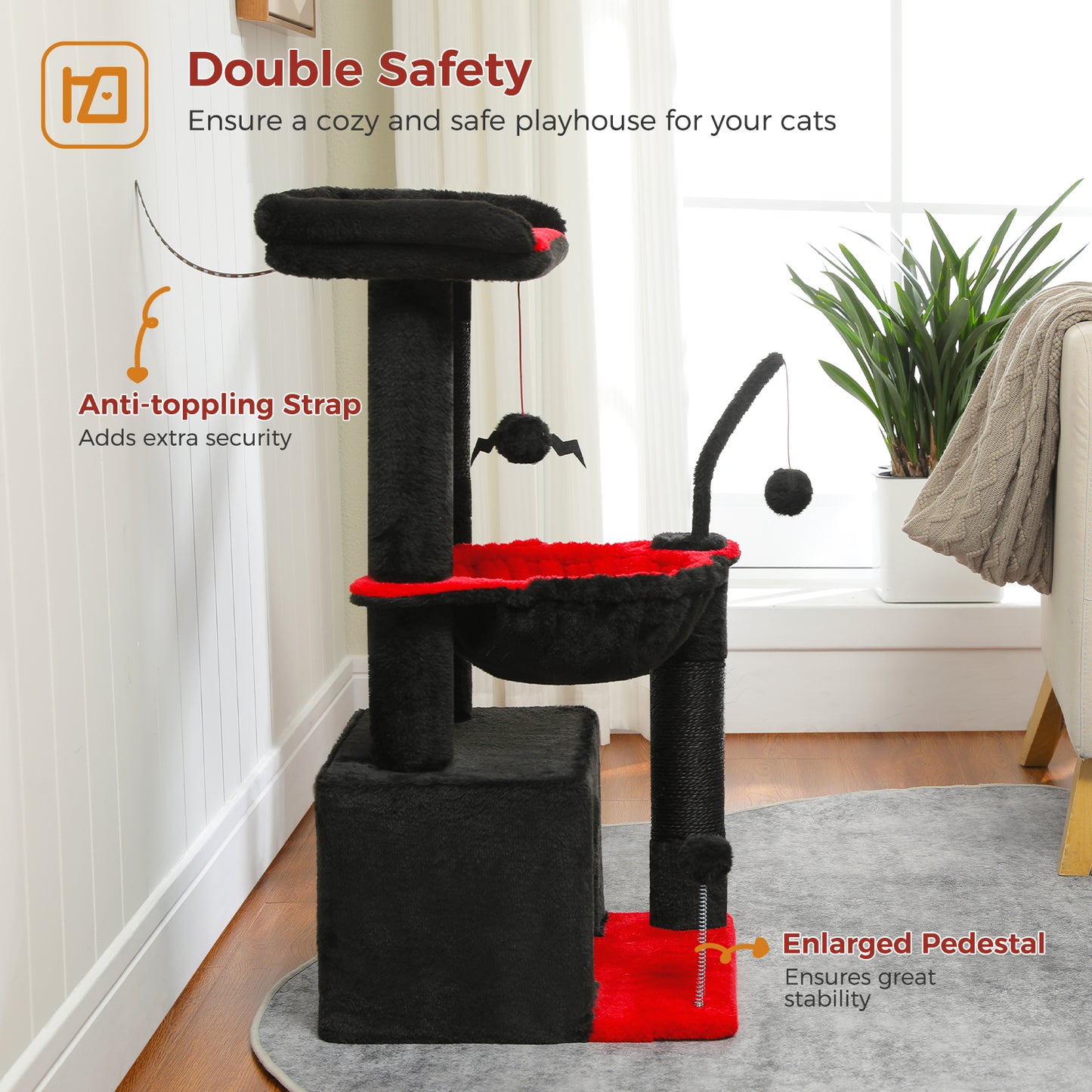 PEQULTI 4-in-1 Cactus Cat Tree | 84 cm Cat Tower | with XXL Sleeping House | Sisal Posts | Deep Hammock | Observation Deck