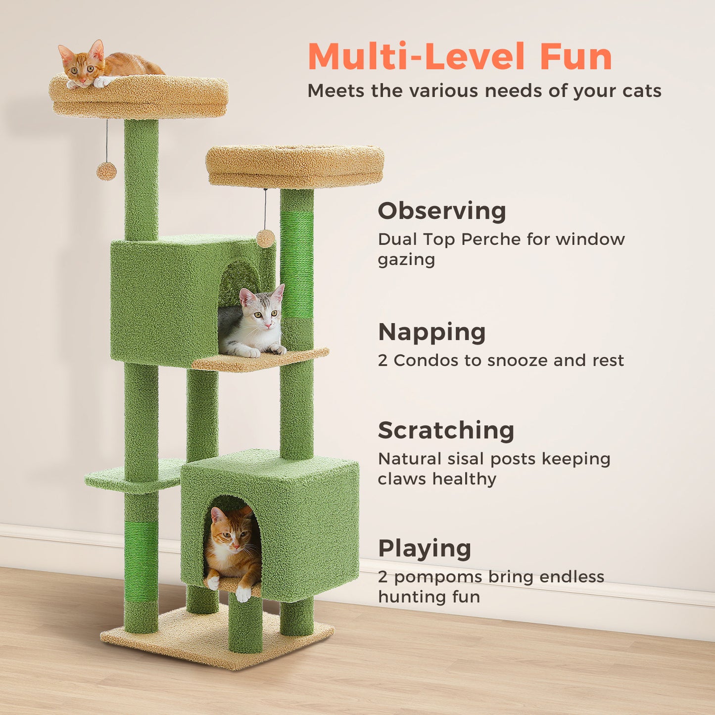 PAWZ Road Kratzbaum, 133 cm mehrstufiger Katzenbaum für Wohnungskatzen, plüschiges Katzenhaus mit 2 gepolsterten Liegeflächen, 2 Schlafhäusern & 2 Kratzpfeilern