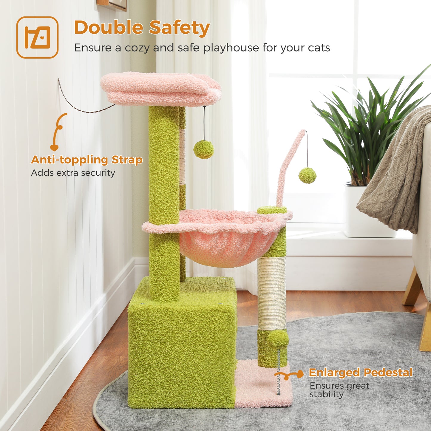 PEQULTI 4-in-1 Cactus Cat Tree | 84 cm Cat Tower | with XXL Sleeping House | Sisal Posts | Deep Hammock | Observation Deck