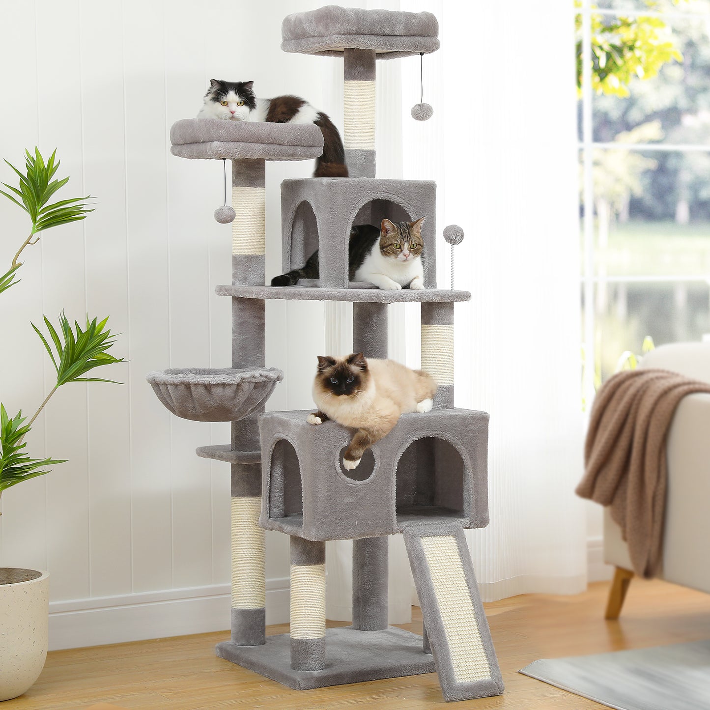 PAWZ Road XXL-Árbol rascador 162cm | Columnas rascadoras envueltas en sisal | Con gran hamaca + 2 plataformas superiores | Incl. pelotas de juego intercambiables | Para razas de gatos grandes