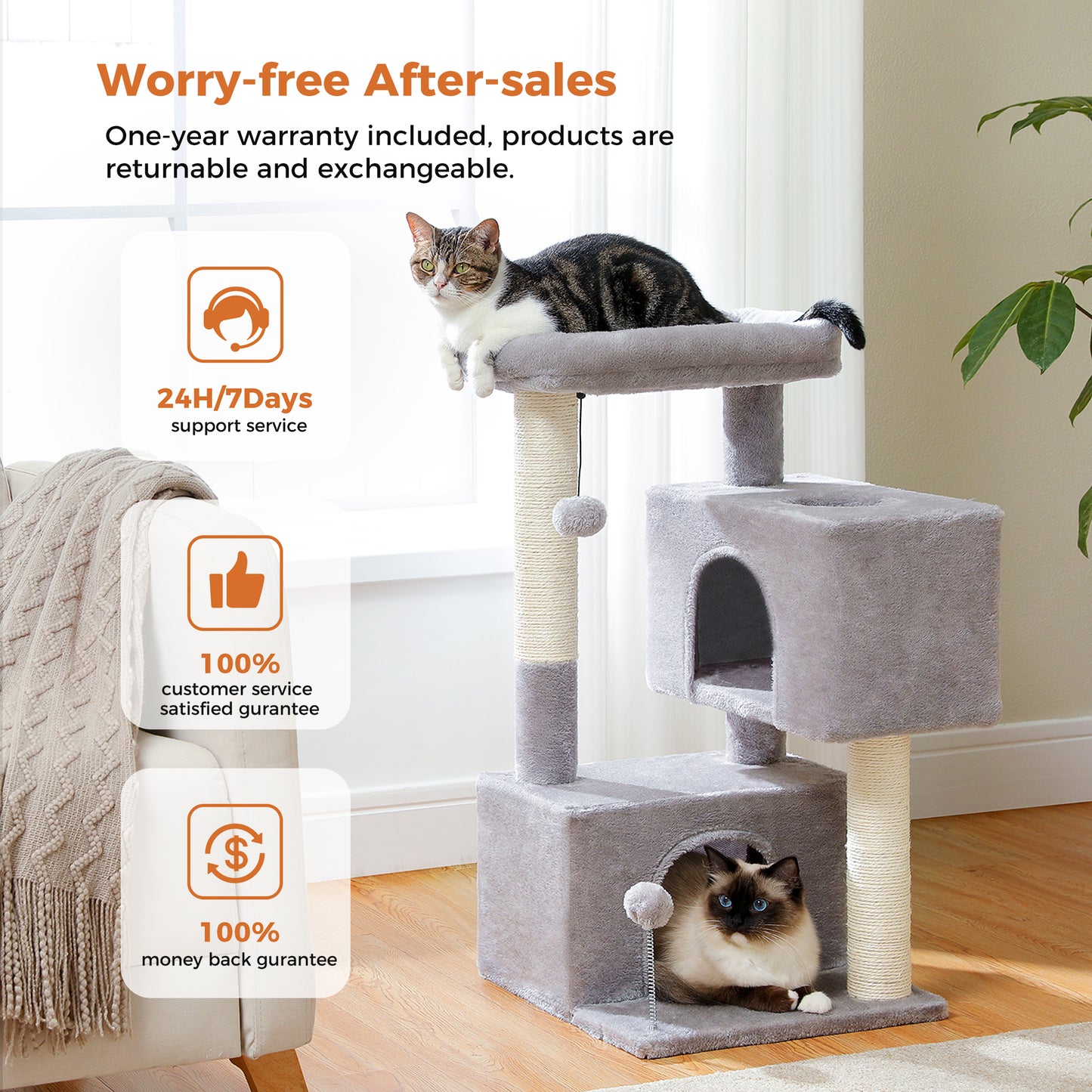 PAWZ Road Árbol para gatos domésticos de 80 cm – con 2 casas para dormir | columnas de rascado de sisal de varios niveles | superficie de descanso acolchada | incluye 2 juguetes