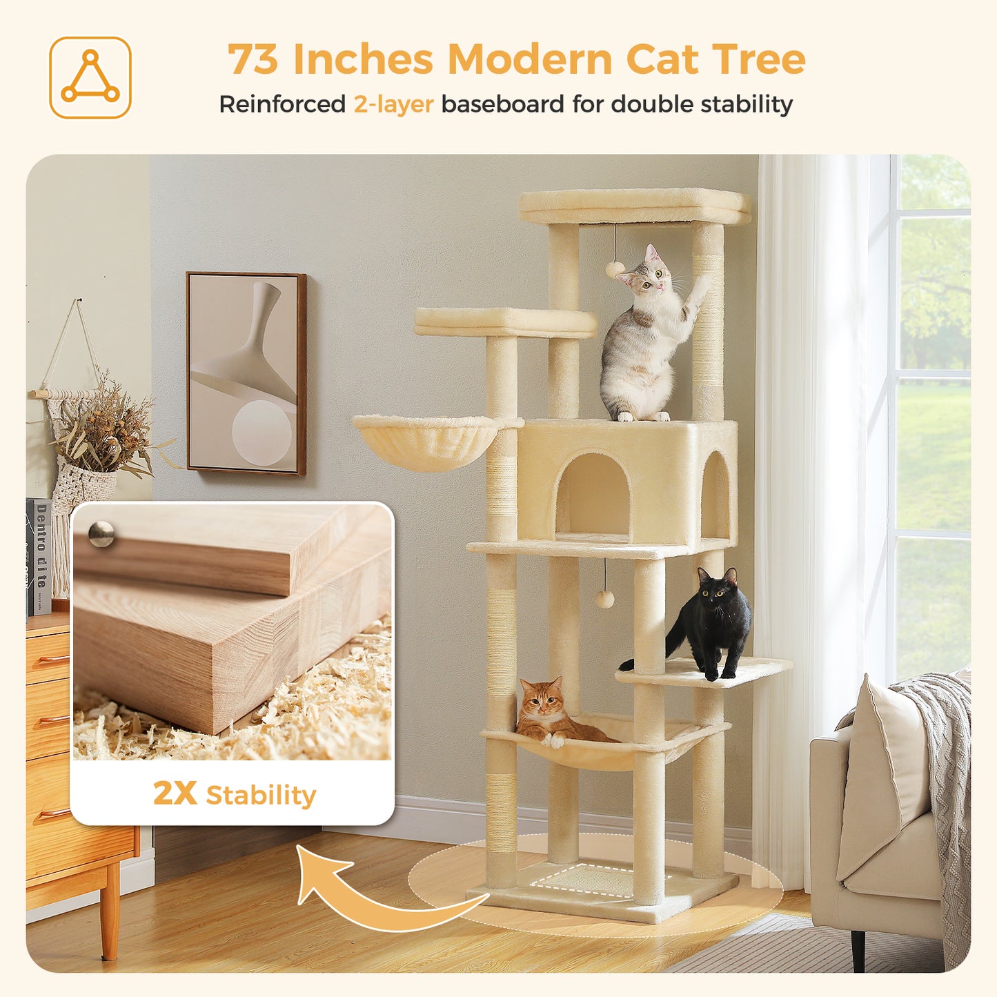PAWZ Road Katzenturm | 73 Zoll | 1 Stange | 2 Hängematten | 8 Kratzbäume | XL Wohnung