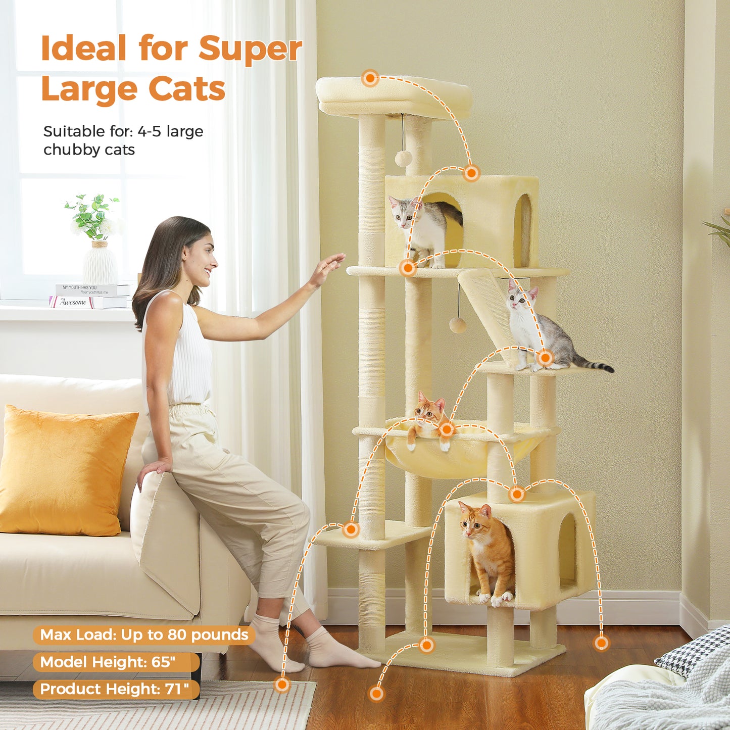 PAWZ Road Großer Kratzbaum für große Katzen | Stabiler Katzenturm mit XXL-Hängematte | 4 Sisal-Kratzsäulen & 2 geräumige Schlafhäuser | Ideal für Maine Coon Katzen | Höhe 180 cm