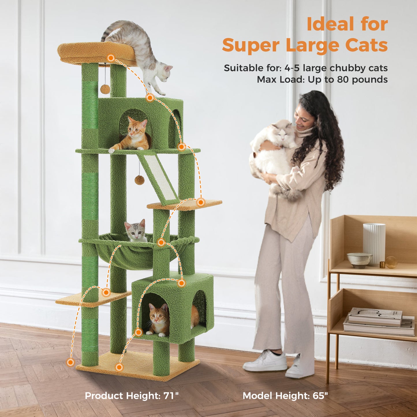 PAWZ Road Großer Kratzbaum für große Katzen | Stabiler Katzenturm mit XXL-Hängematte | 4 Sisal-Kratzsäulen & 2 geräumige Schlafhäuser | Ideal für Maine Coon Katzen | Höhe 180 cm
