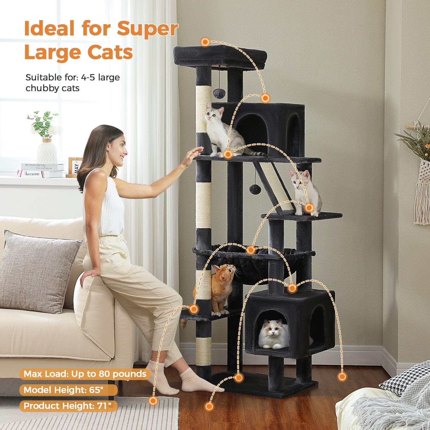 PAWZ Road Großer Kratzbaum für große Katzen | Stabiler Katzenturm mit XXL-Hängematte | 4 Sisal-Kratzsäulen & 2 geräumige Schlafhäuser | Ideal für Maine Coon Katzen | Höhe 180 cm