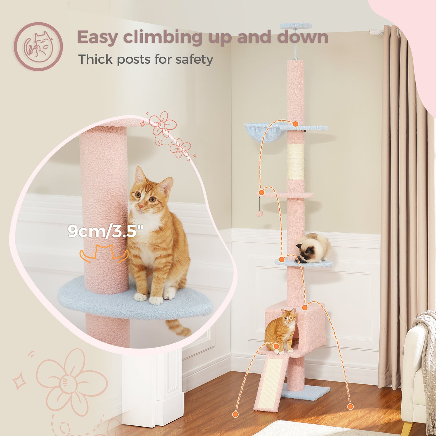 PAWZ Road Kaktus-Katzenbaum | 216-273 cm höhenverstellbar | Decken-zu-Boden-Kratzturm | mit Hängematte & Schlafhaus | Anti-Fall-Gurt